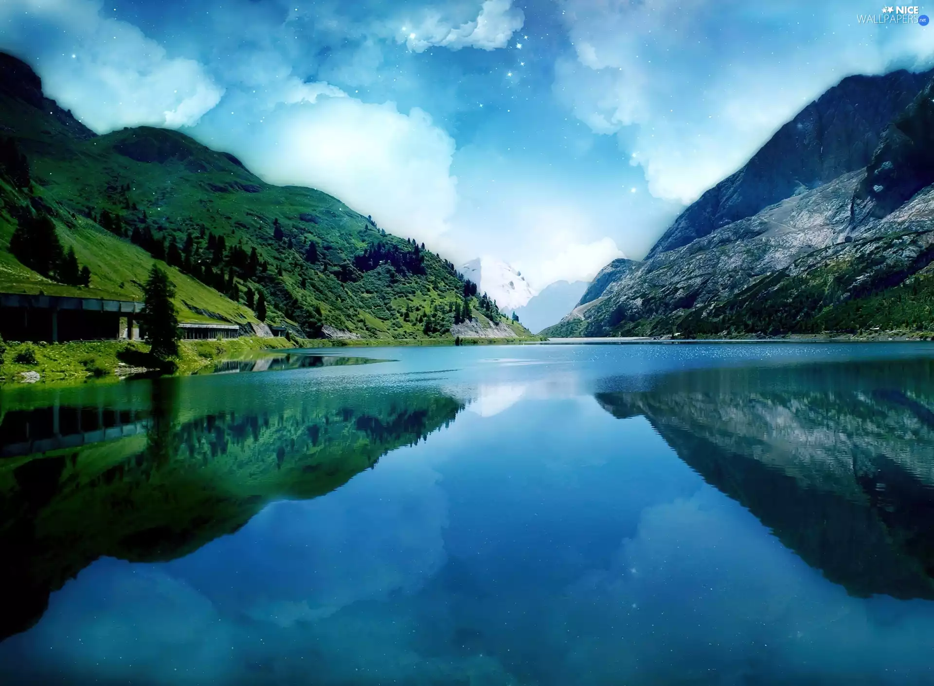 clouds, lake, Mountains
