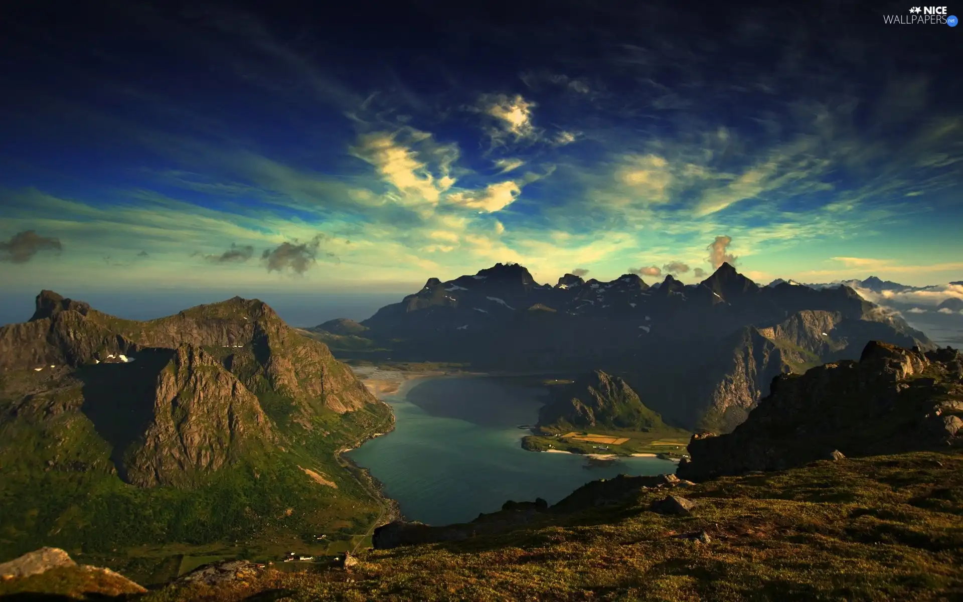 clouds, lake, Mountains