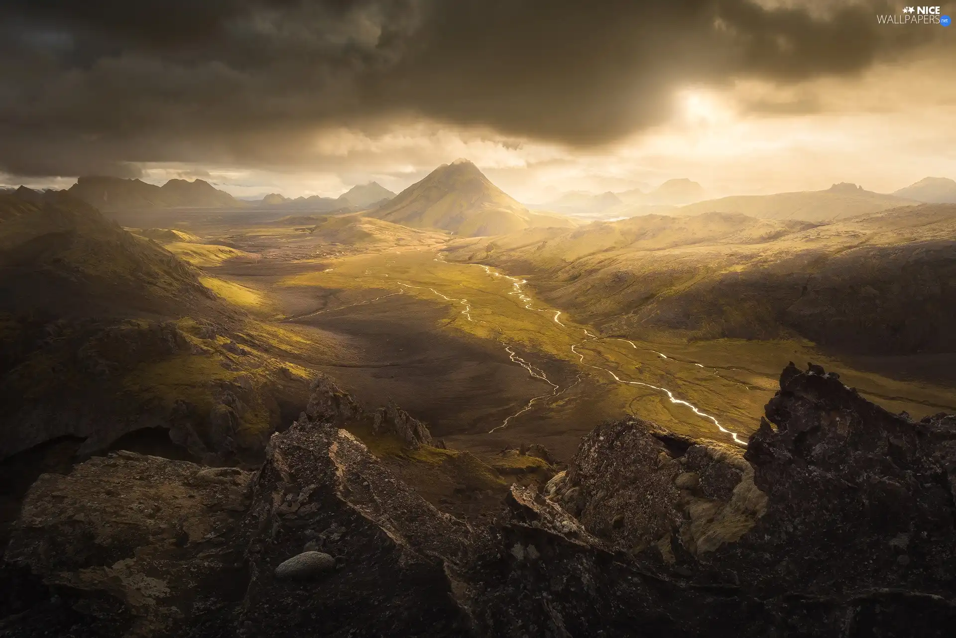Valley, rocks, rainy, clouds, rivers, Mountains