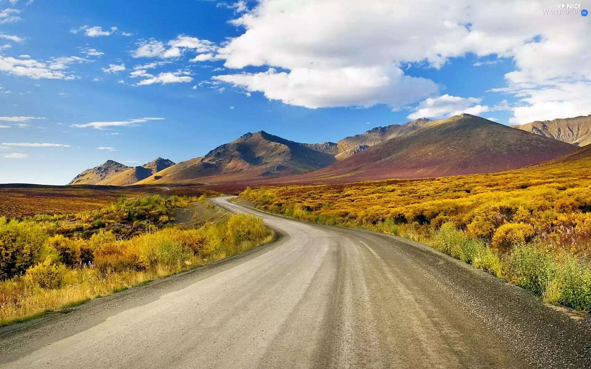 Way, clouds, Mountains, medows, summer