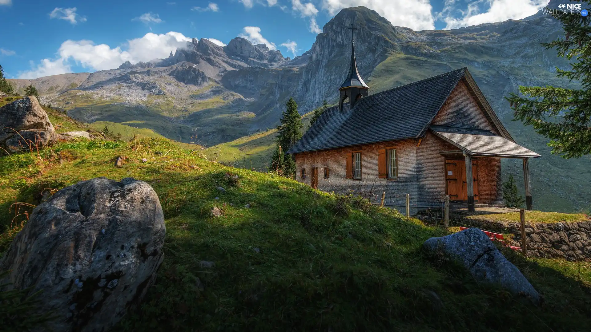 Church, Switzerland, viewes, clouds, trees, Mountains