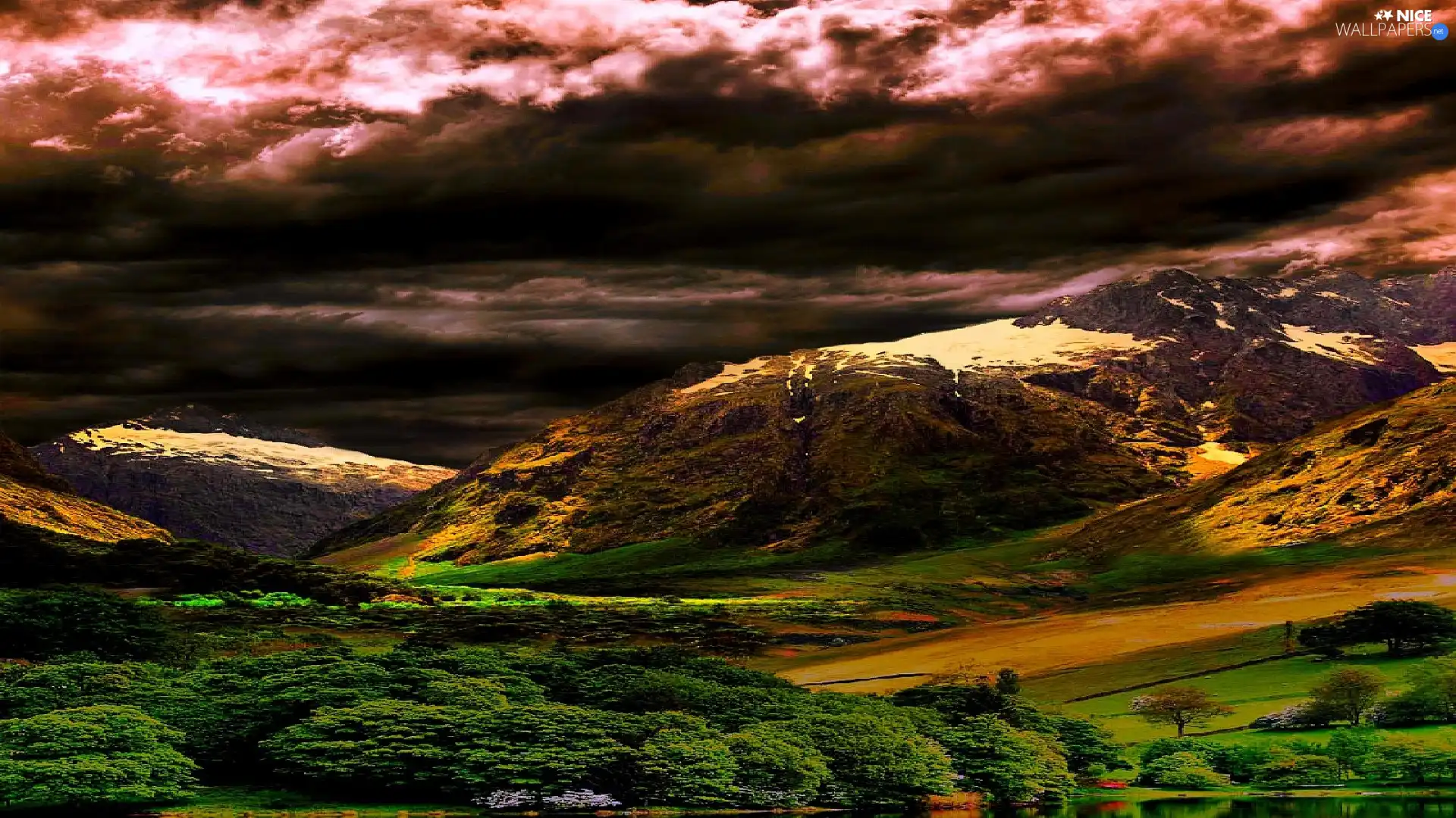 Mountains, viewes, clouds, trees