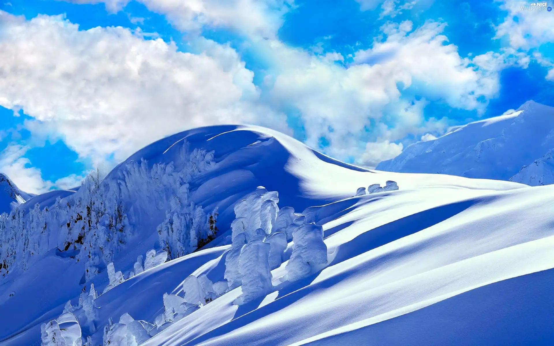 Mountains, winter, clouds, snow