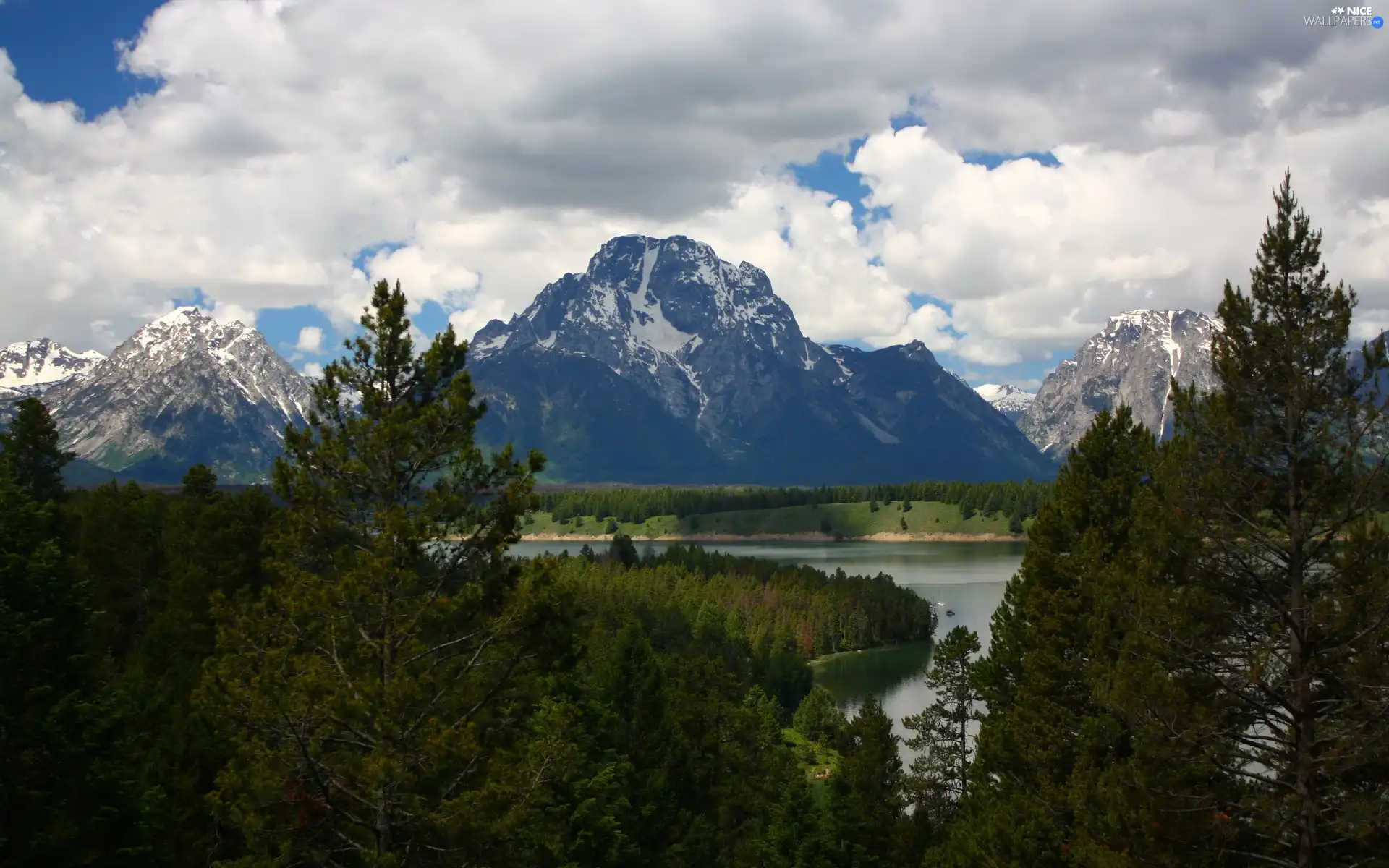 Mountains, woods, clouds, River