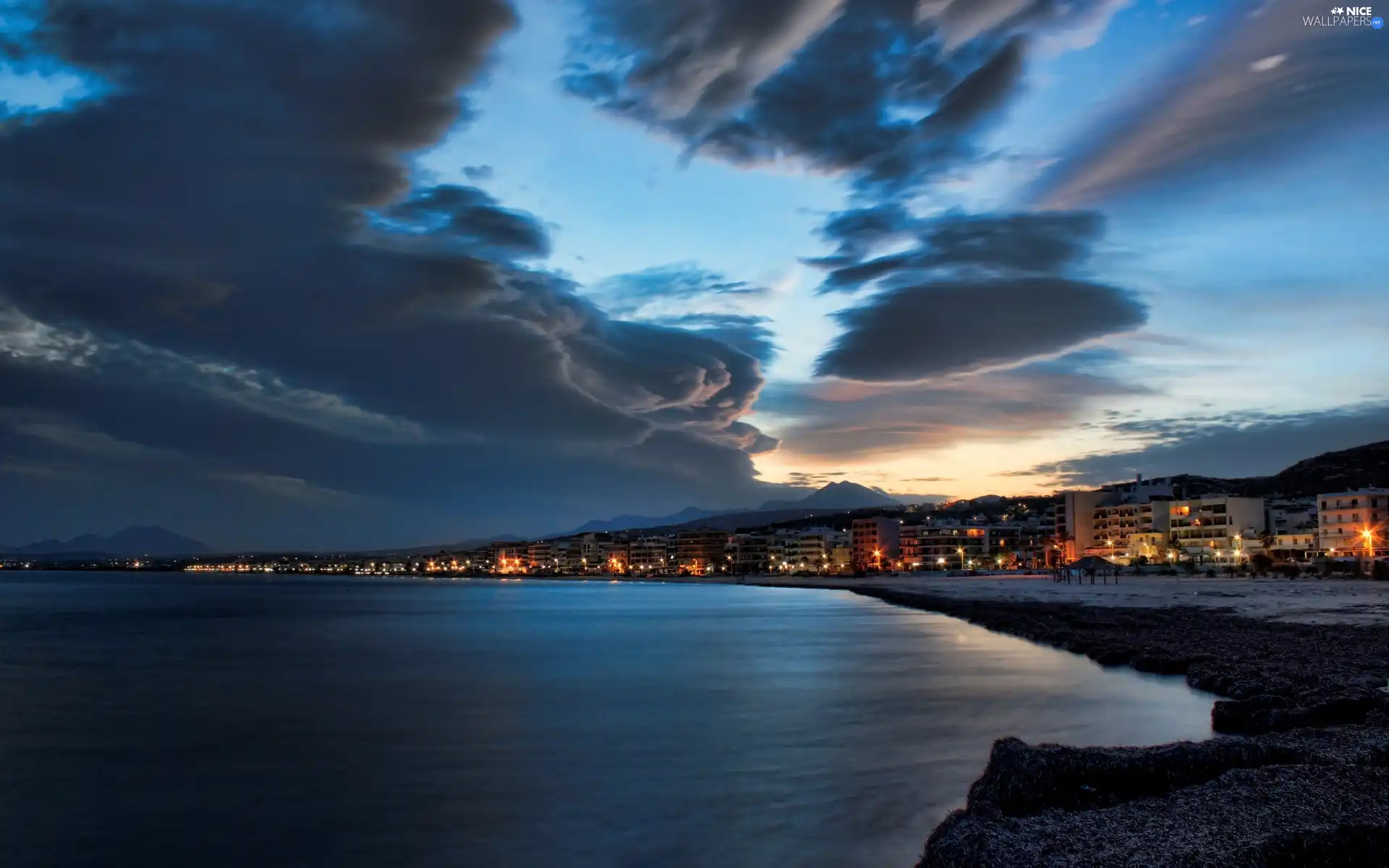 clouds, Night, Town, Coast, illuminated