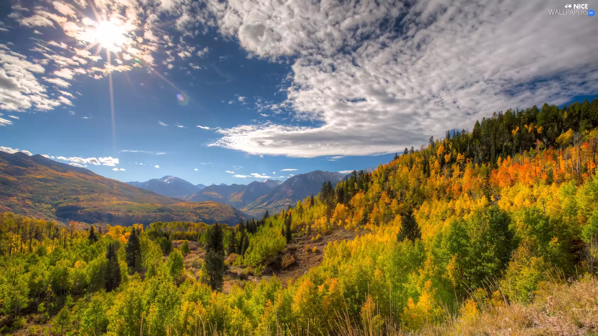 rocky mountains, autumn, rays of the Sun, trees, clouds, Colorado, The United States, viewes