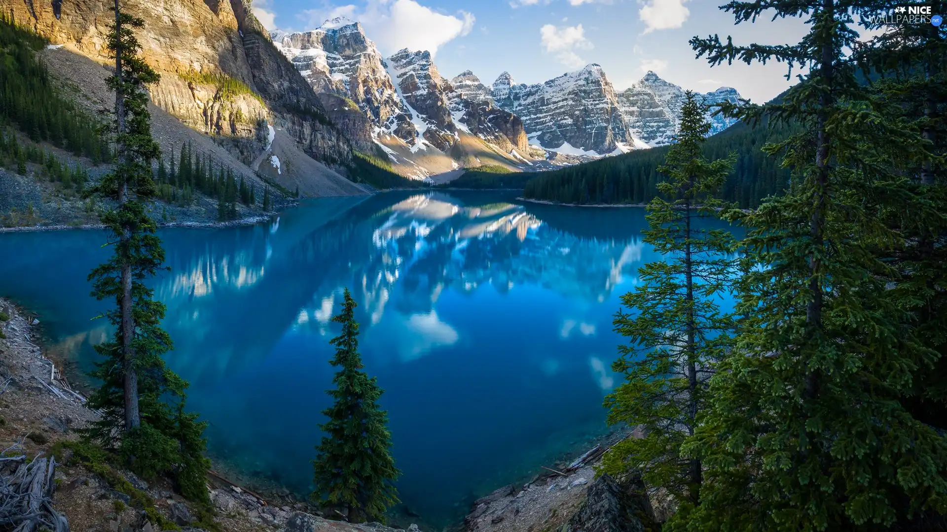 trees, Alberta, Mountains, clouds, Lake Moraine, Canada, Banff National Park, reflection, viewes, forest