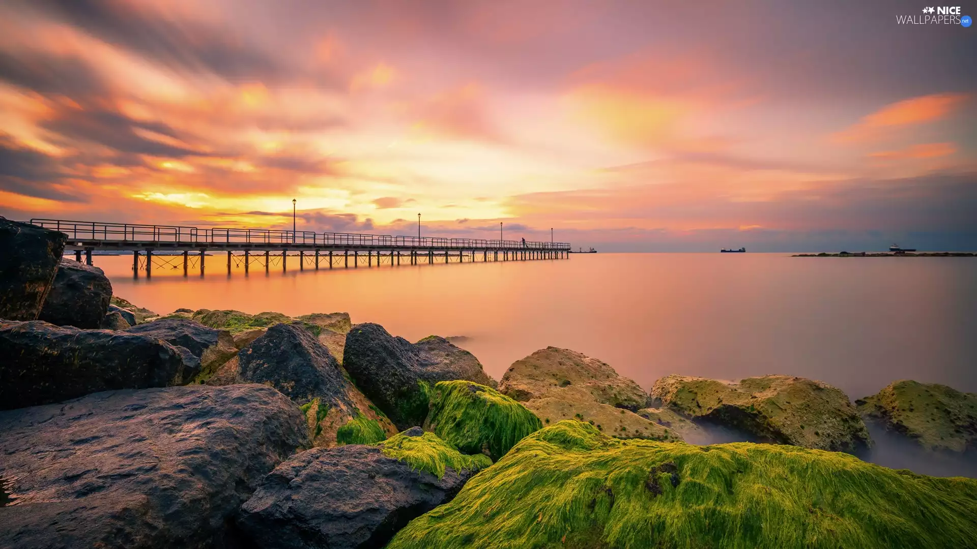 Sunrise, clouds, pier, rocks, sea