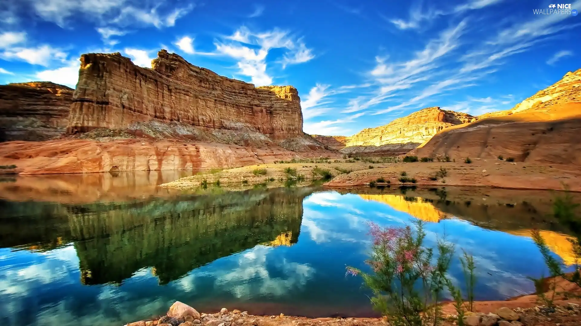 sun, lake, Plants, luminosity, Przebijające, rocks, clouds, reflection, flash, ligh