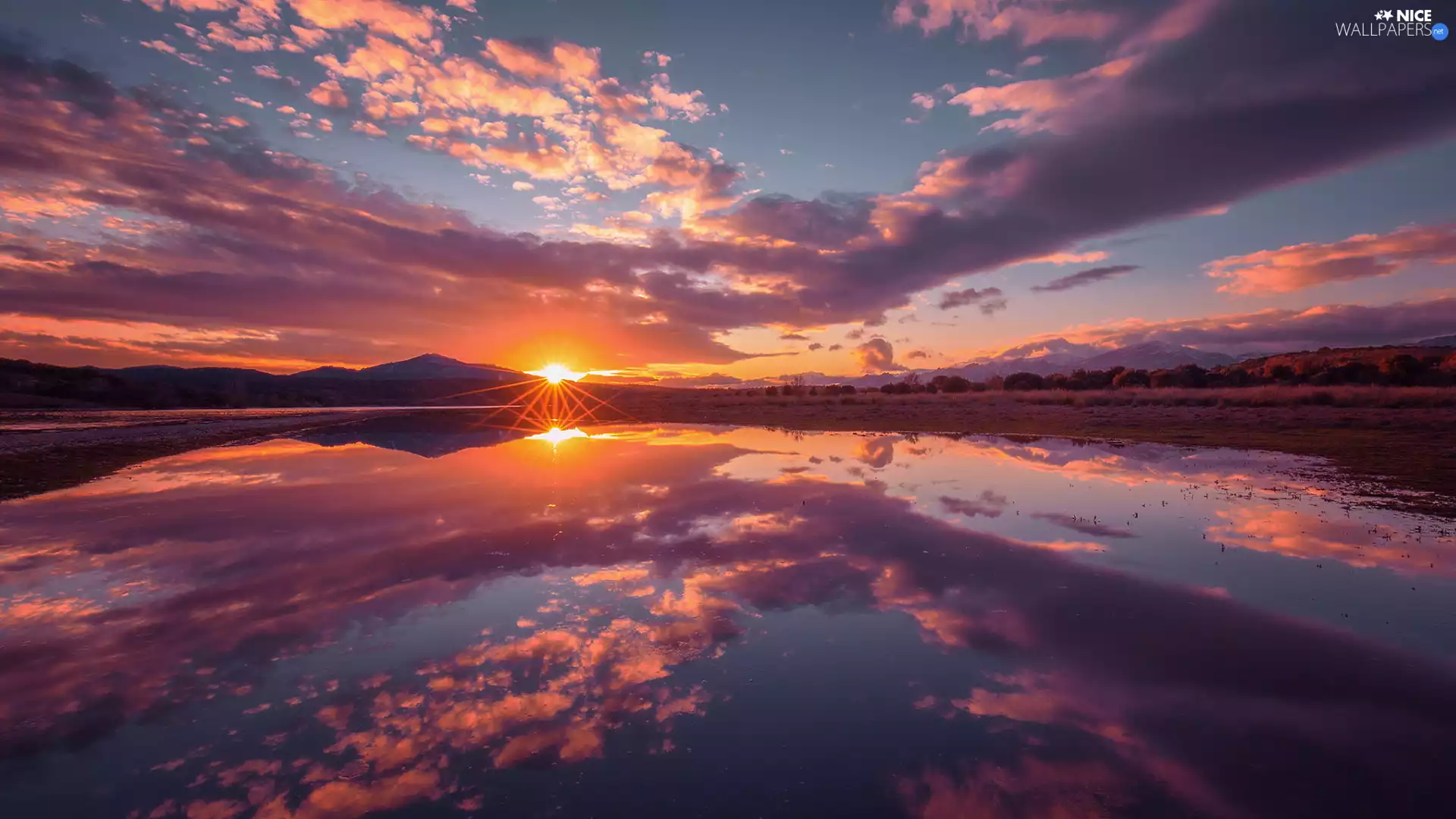 lake, clouds, reflection, Great Sunsets