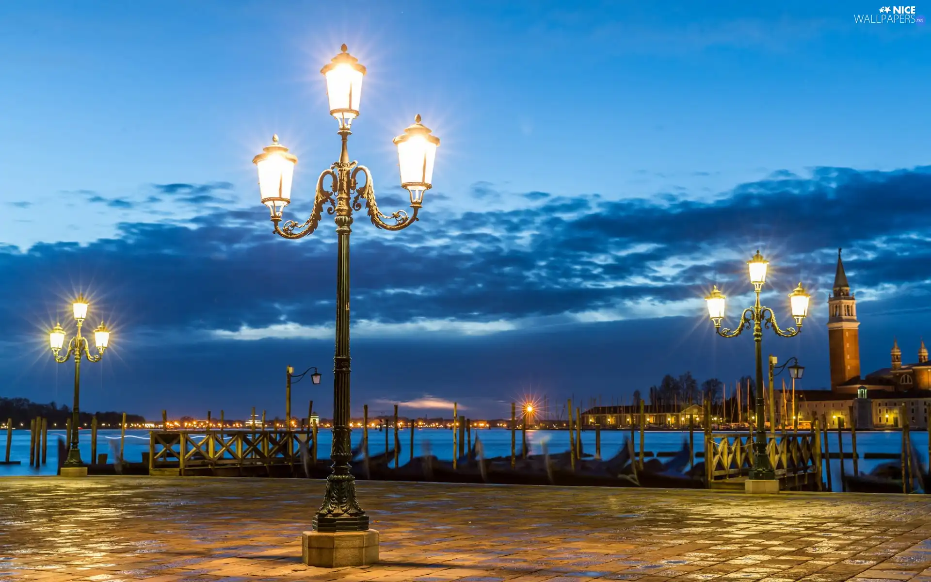 clouds, Venice, bridge, lanterns, River