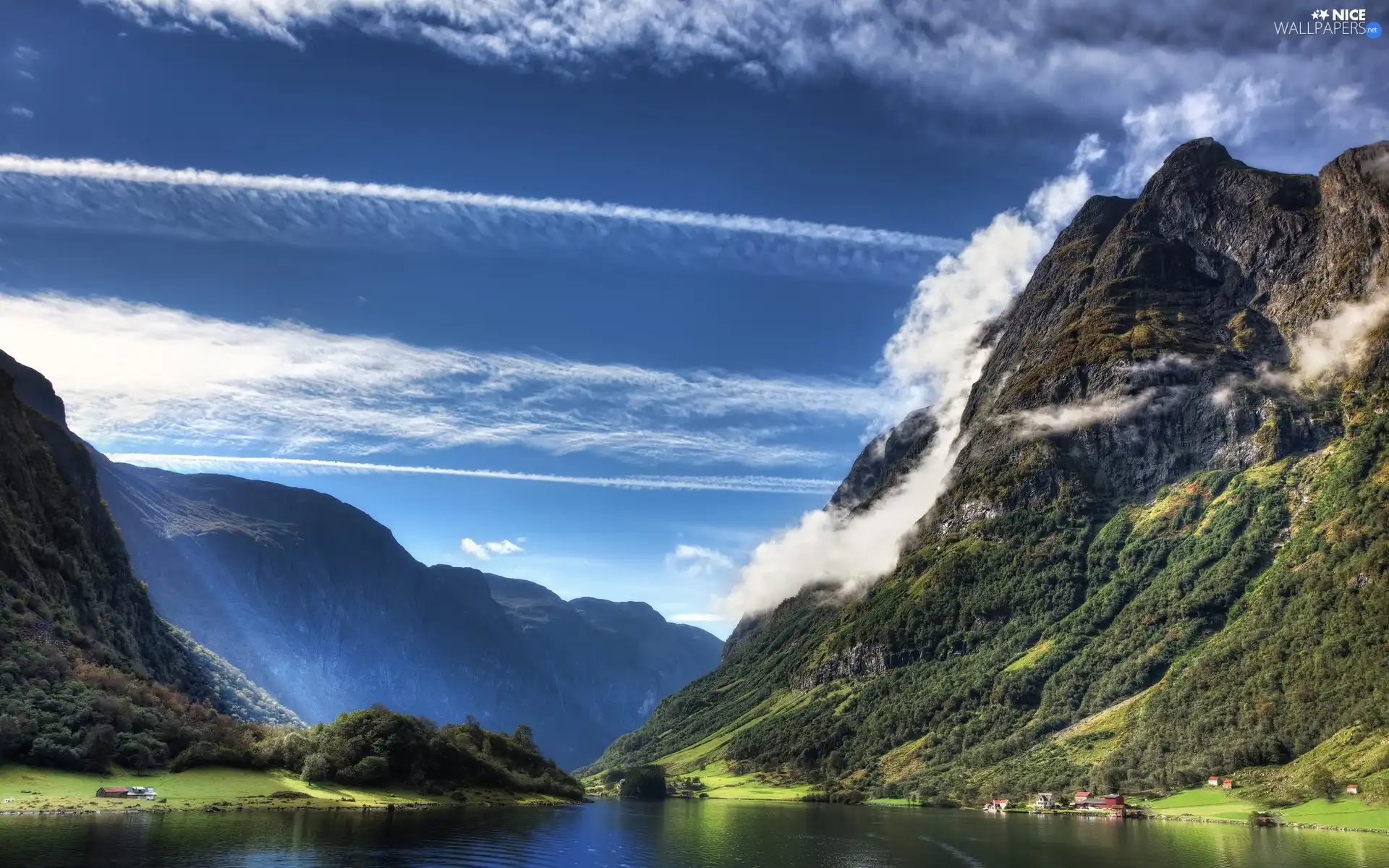 clouds, Mountains, River