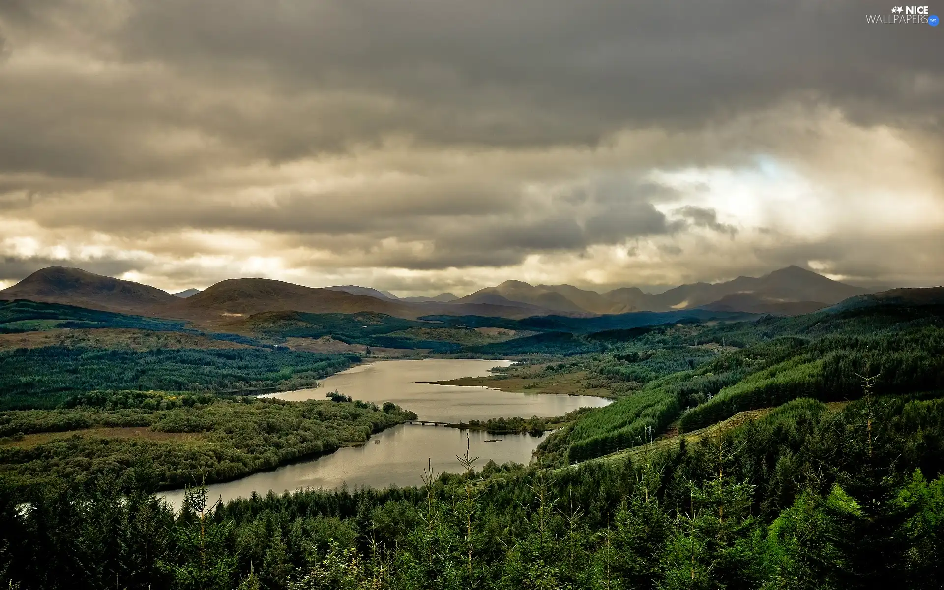 River, Mountains, clouds, woods