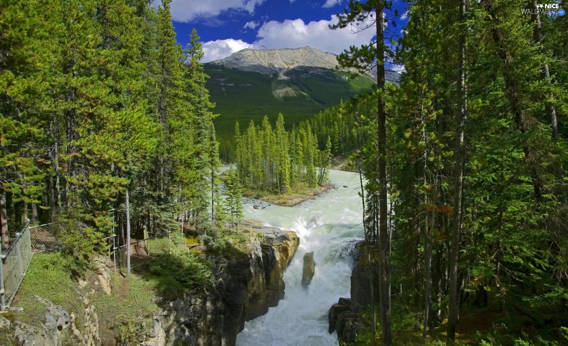 River, Mountains, clouds, woods