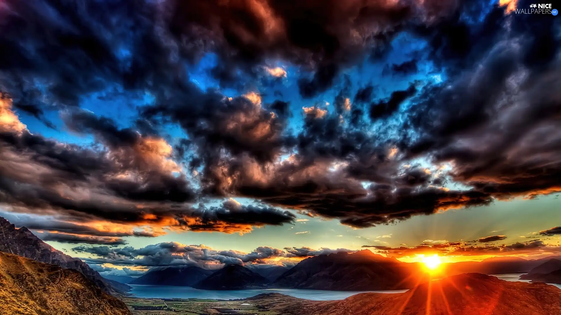 clouds, Mountains, River