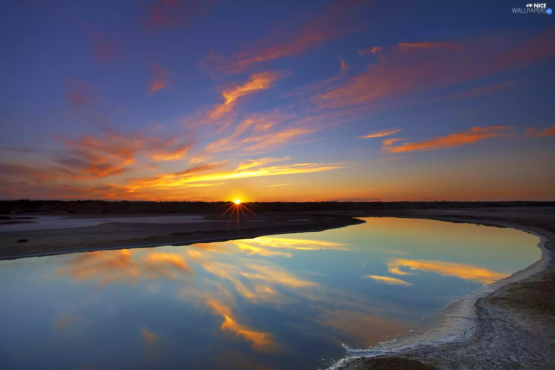 River, west, sun, clouds