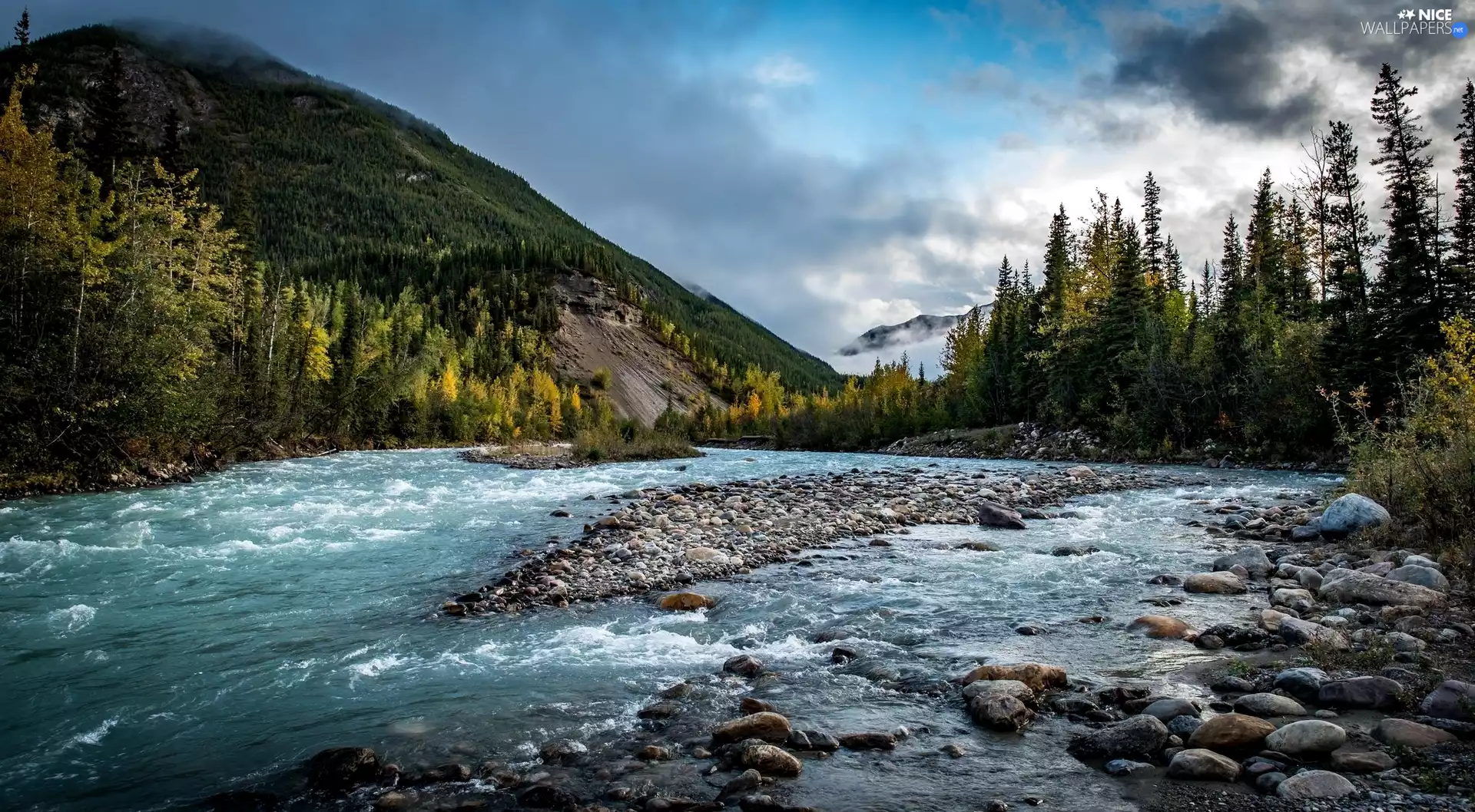 Stones, Mountains, viewes, clouds, trees, River