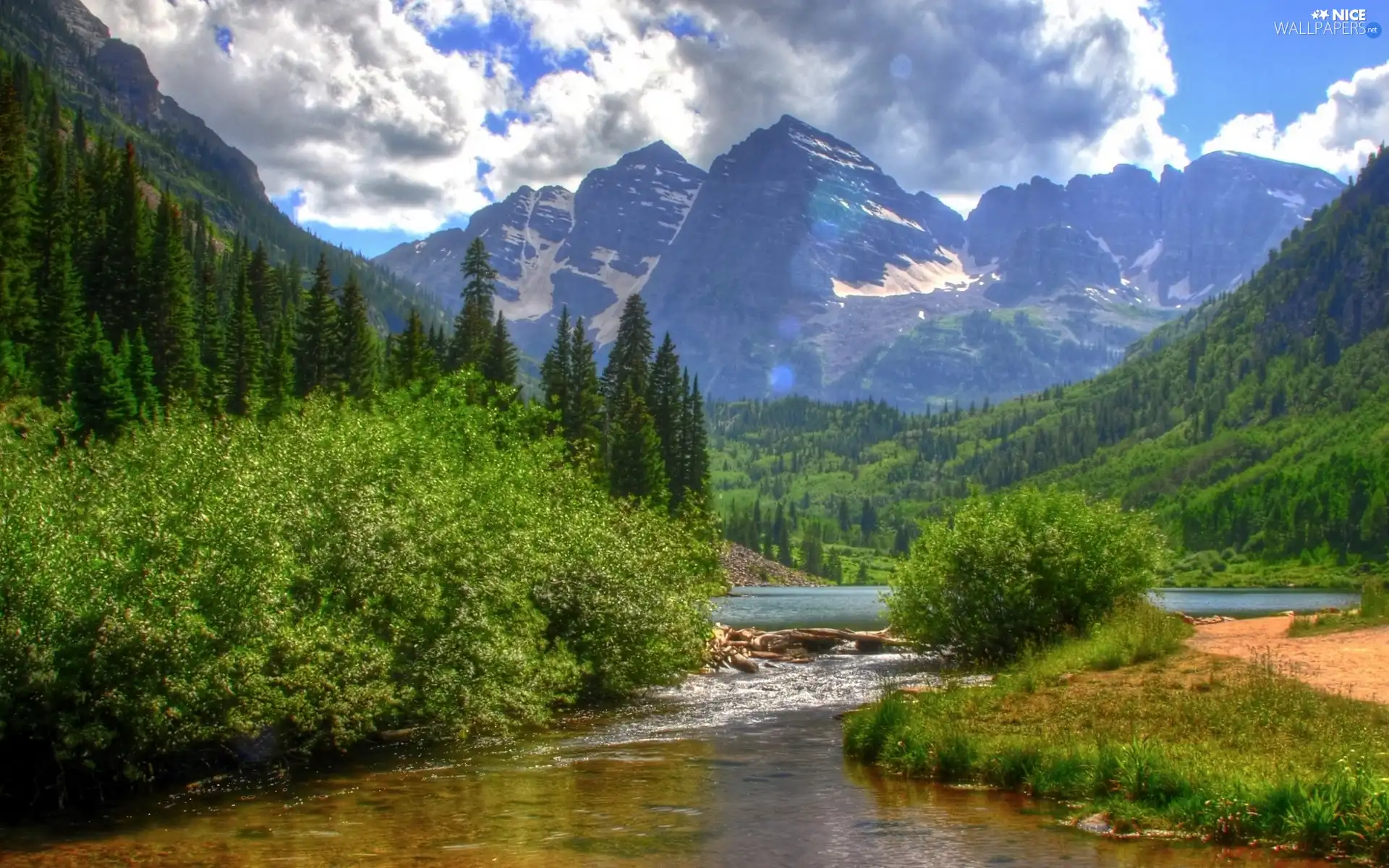 River, woods, clouds, Mountains