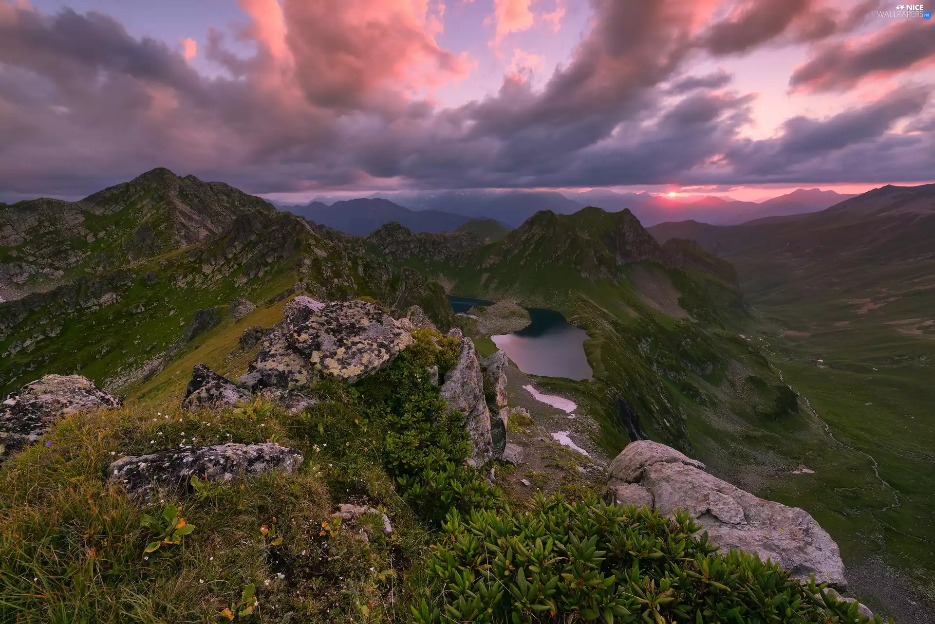 lake, clouds, rocks, VEGETATION, Mountains