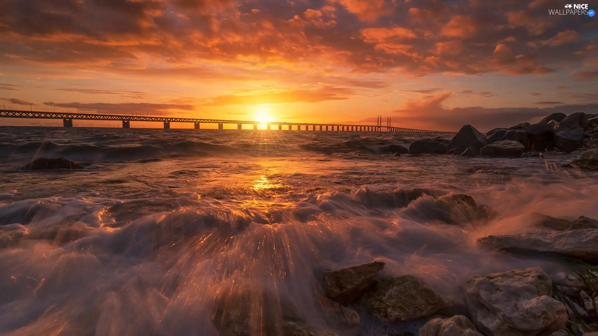 Sunrise, clouds, rocks, bridge, sea