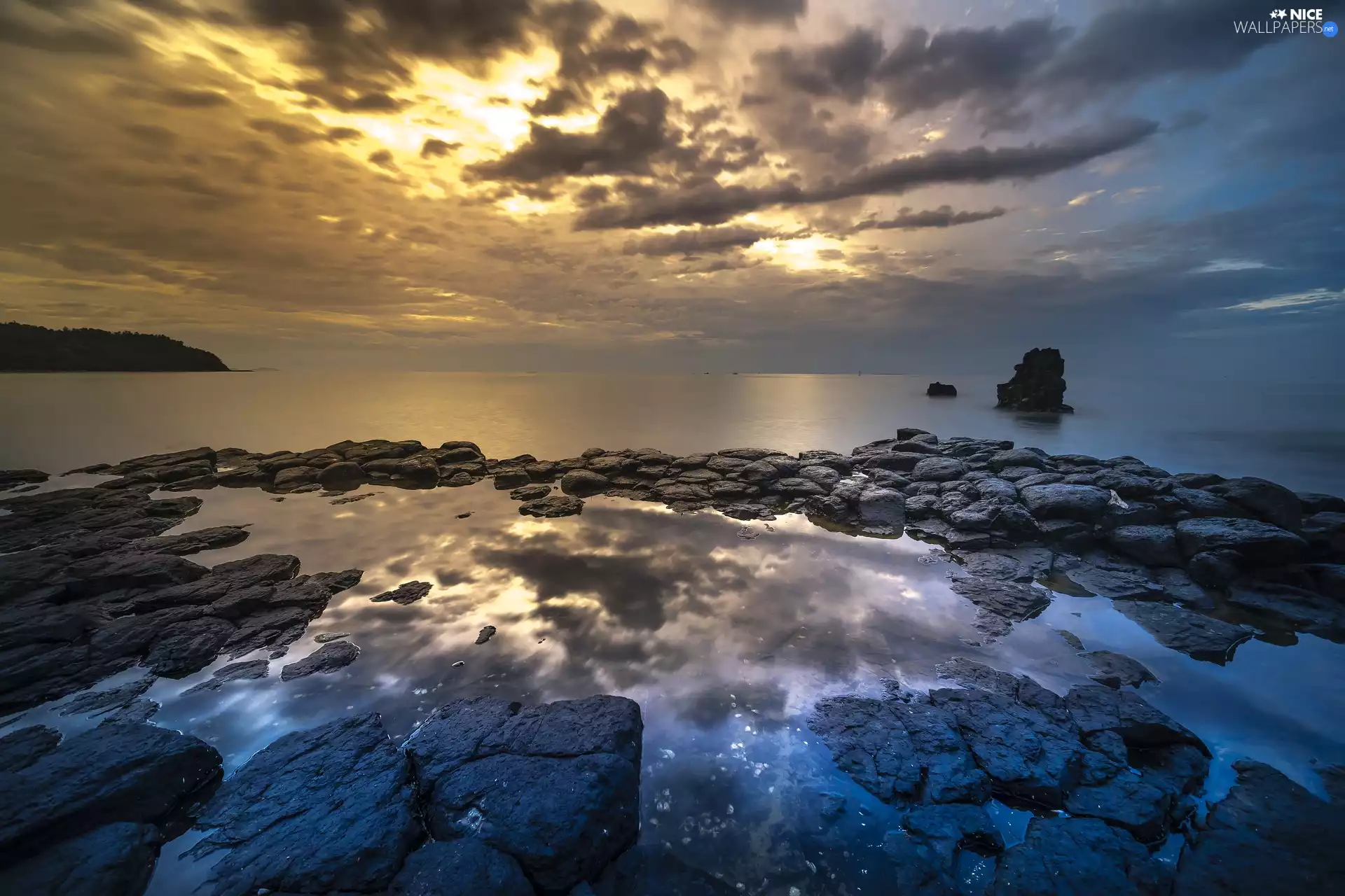 dark, clouds, rocks, Hill, sea