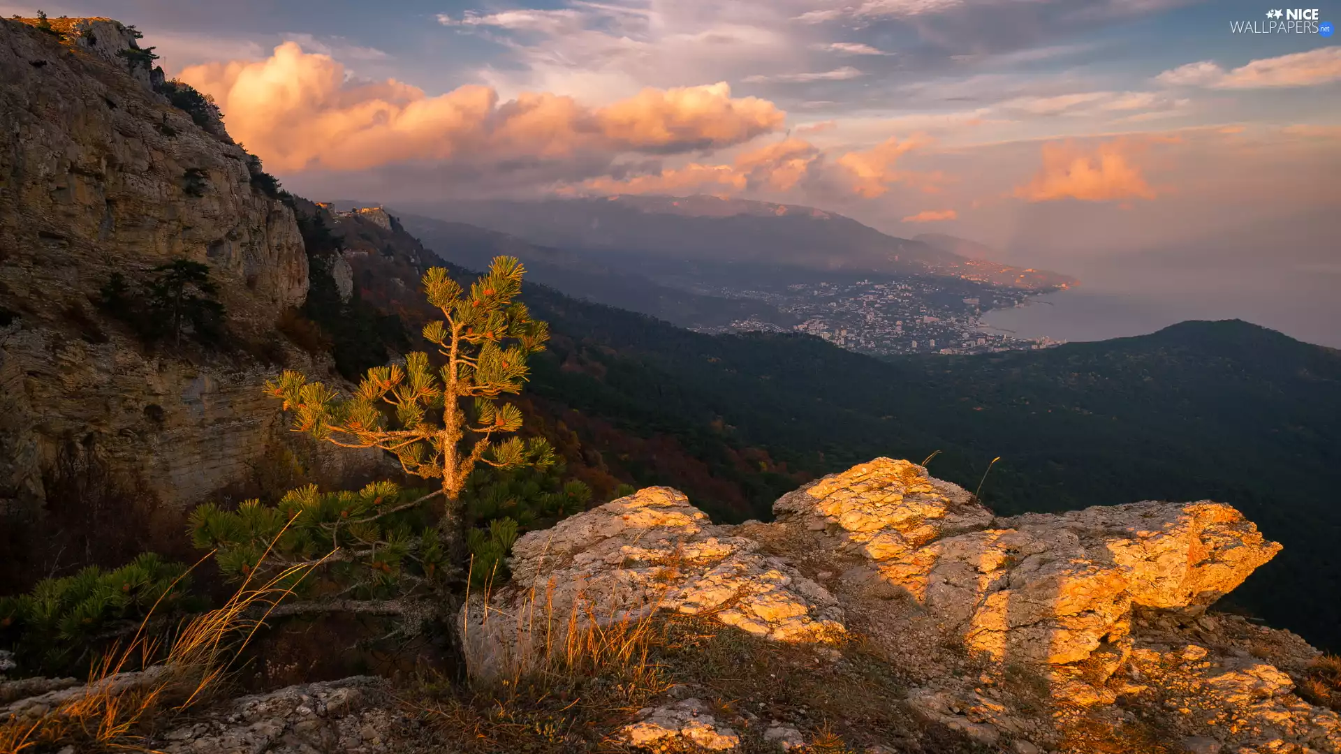 pine, Mountains, Town, clouds, Valley, rocks