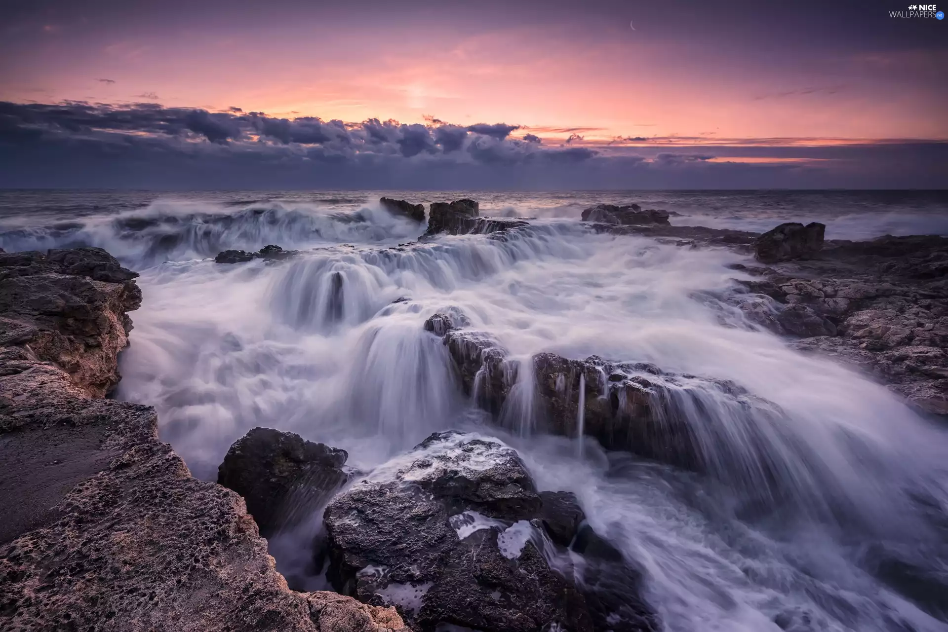 Waves, sea, twilight, clouds, Stones, rocks