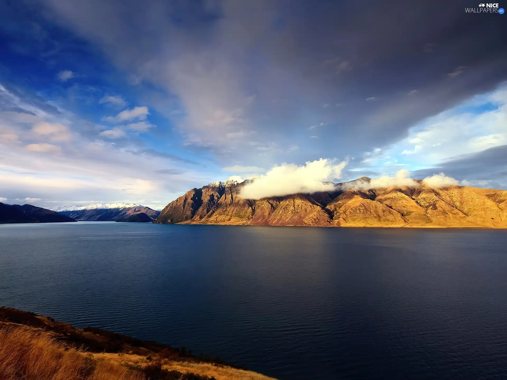 clouds, water, rocks