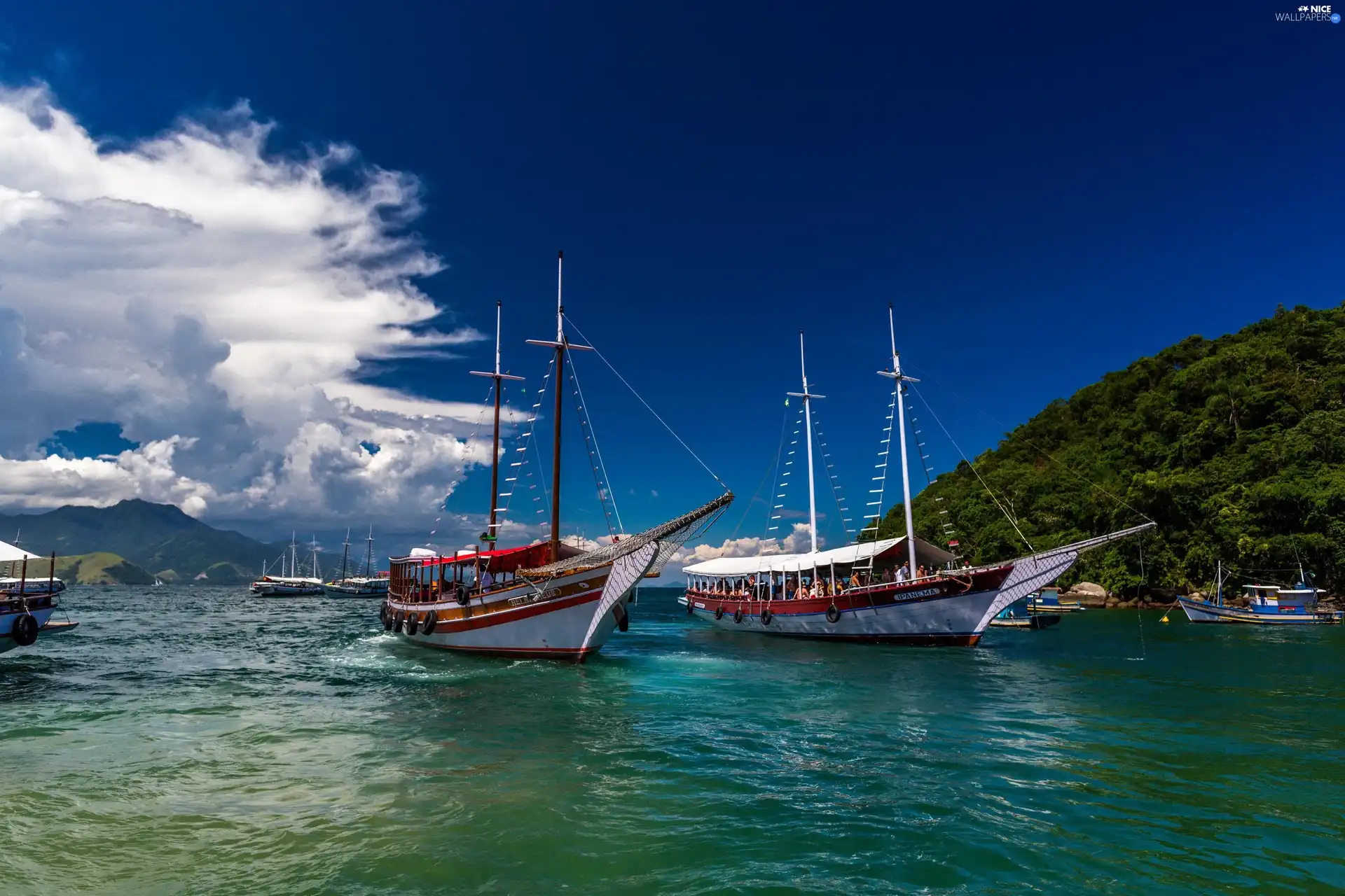 sailboats, Mountains, clouds, sea