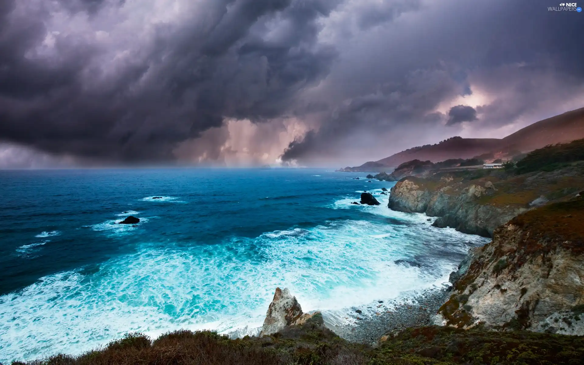 sea, cliff, clouds, rocks