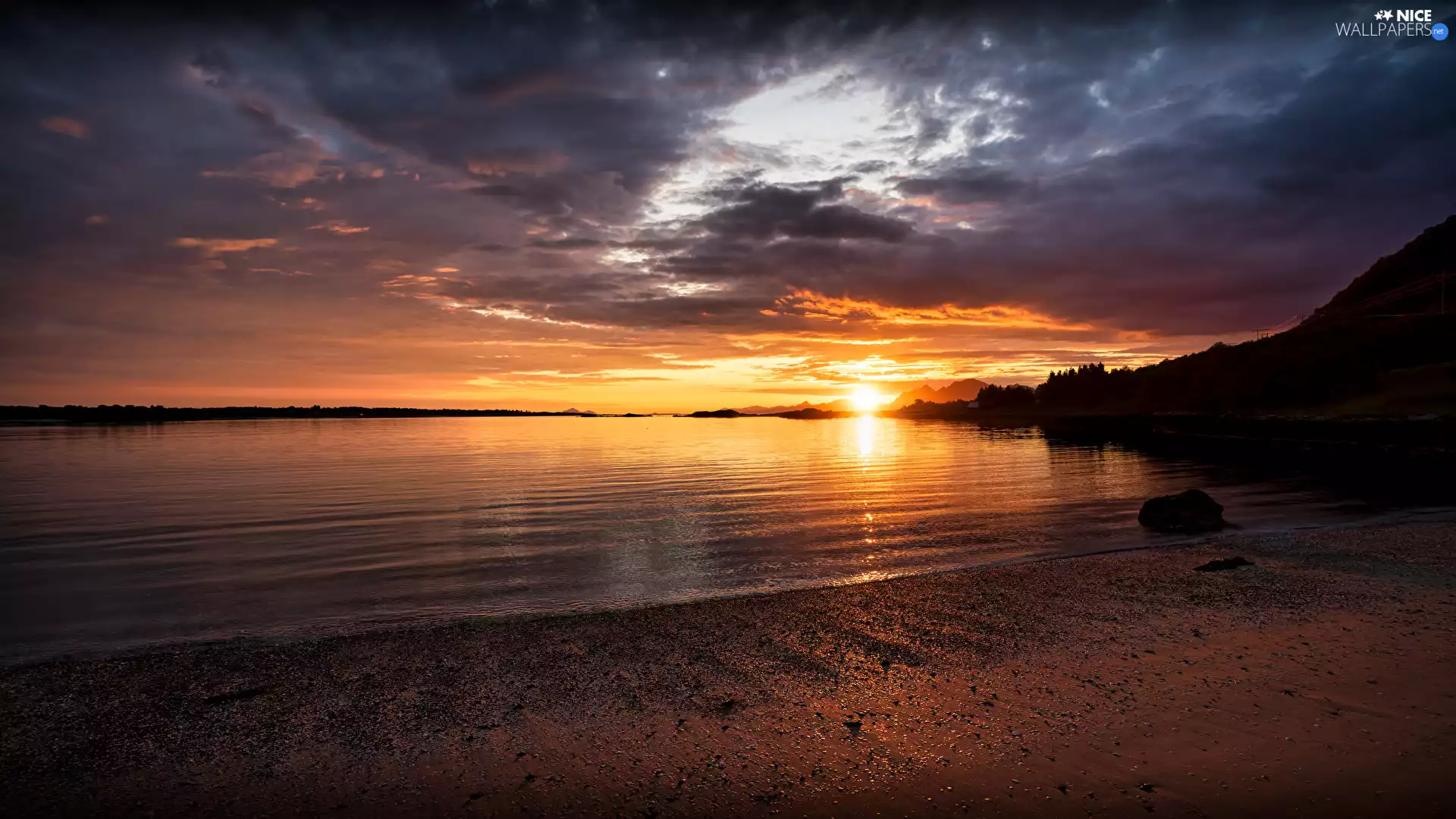Sunrise, clouds, sea, Beaches, Coast