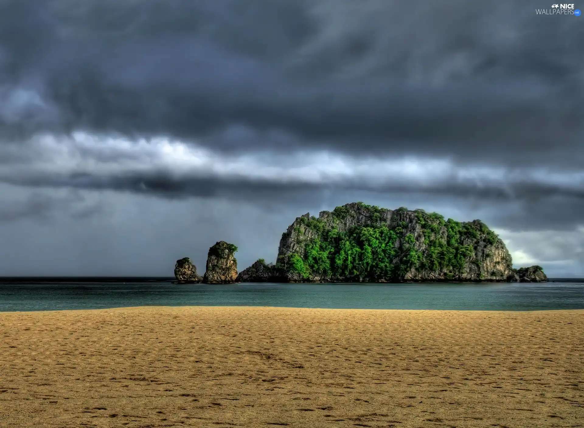 sea, Island, clouds, Beaches