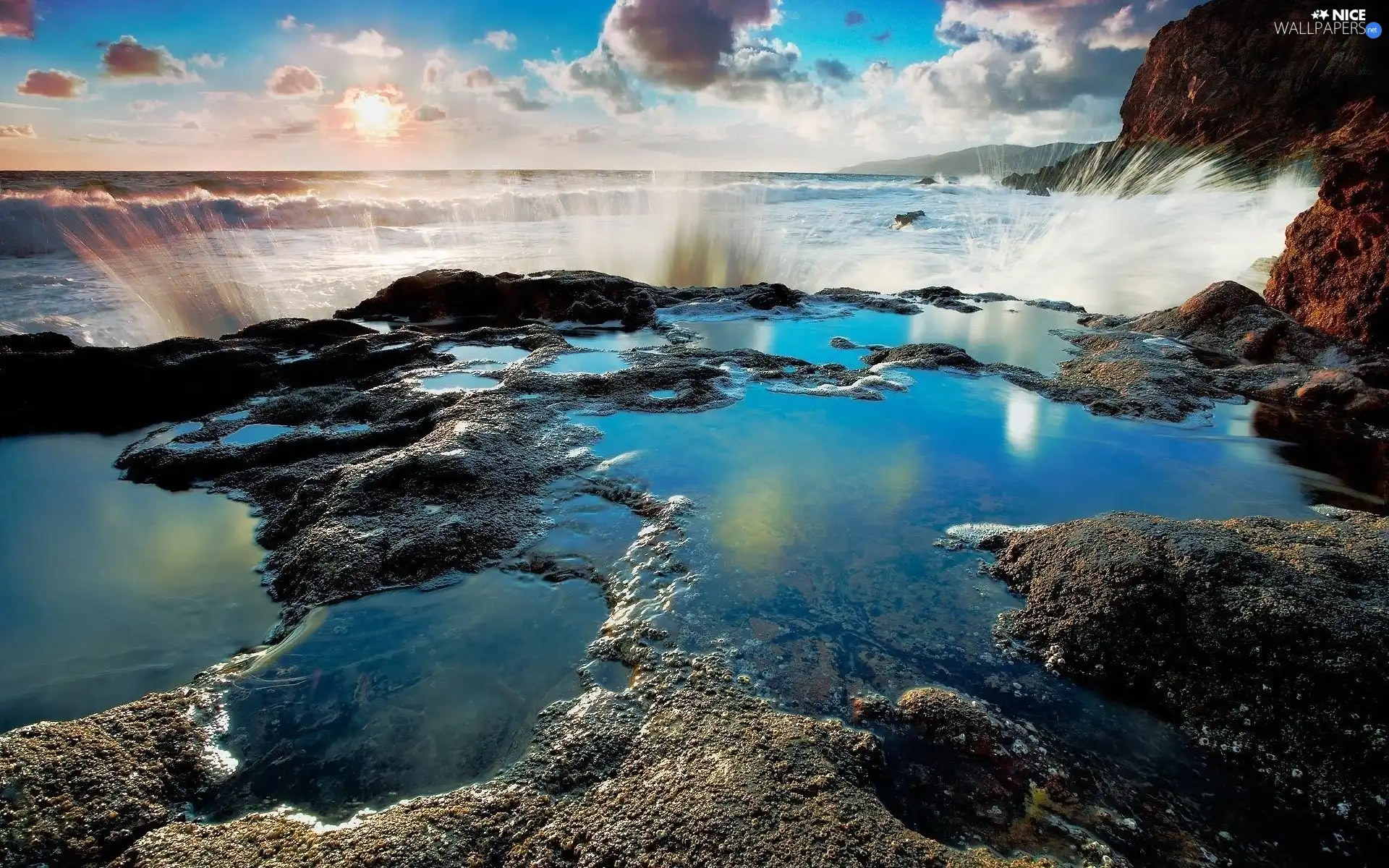 sea, rocks, clouds, Waves