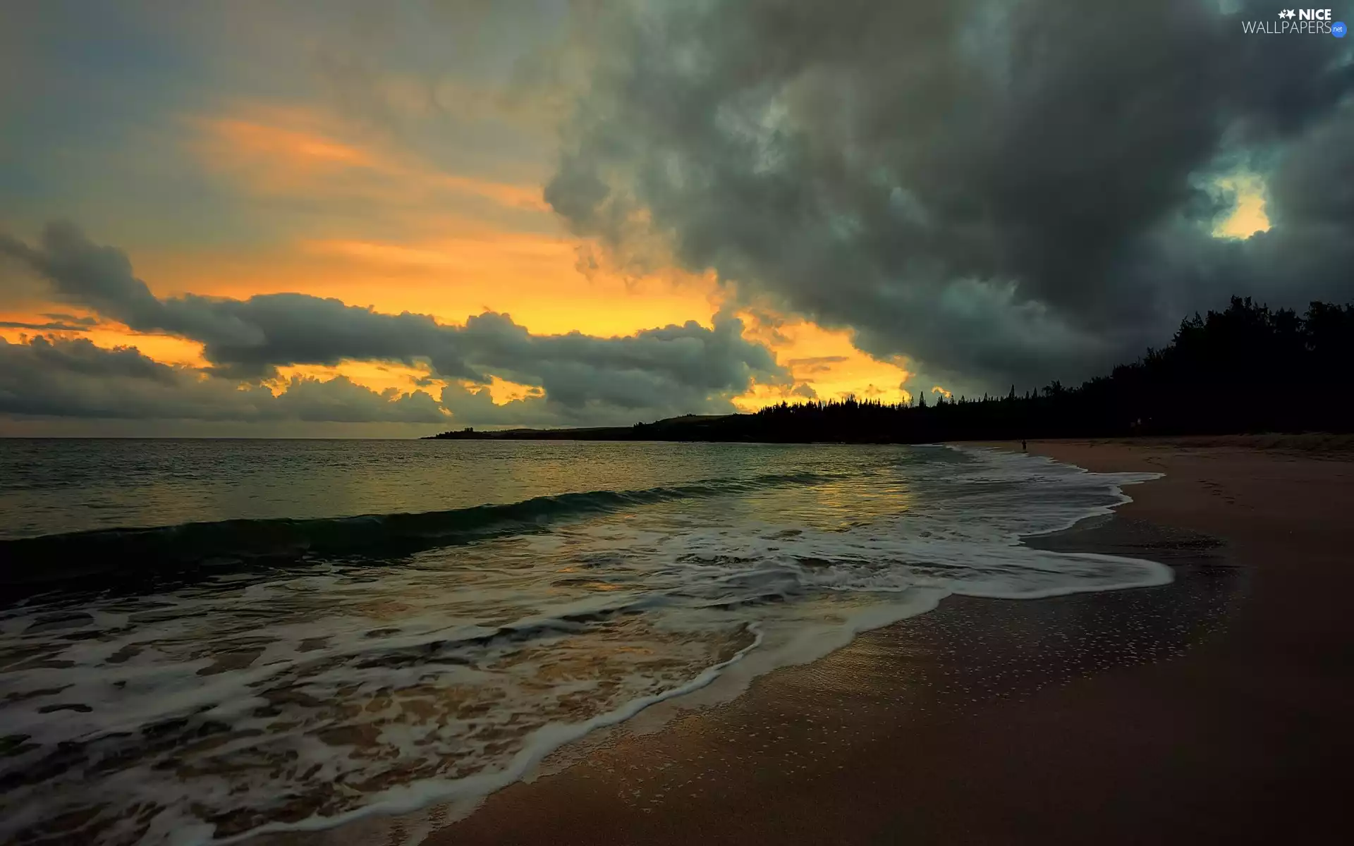 sea, west, sun, clouds