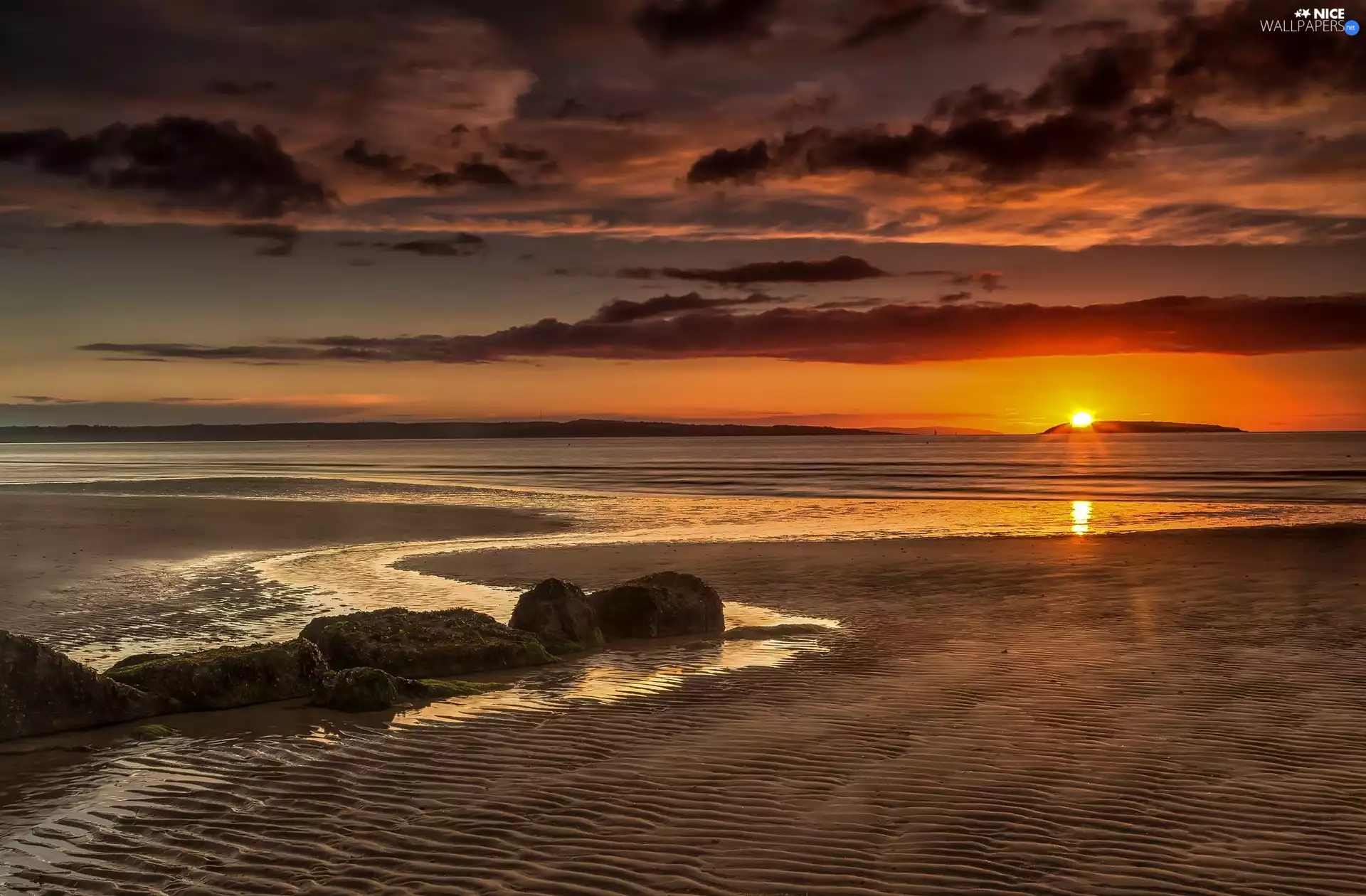 Great Sunsets, sea, clouds, Stones, Sky, Beaches
