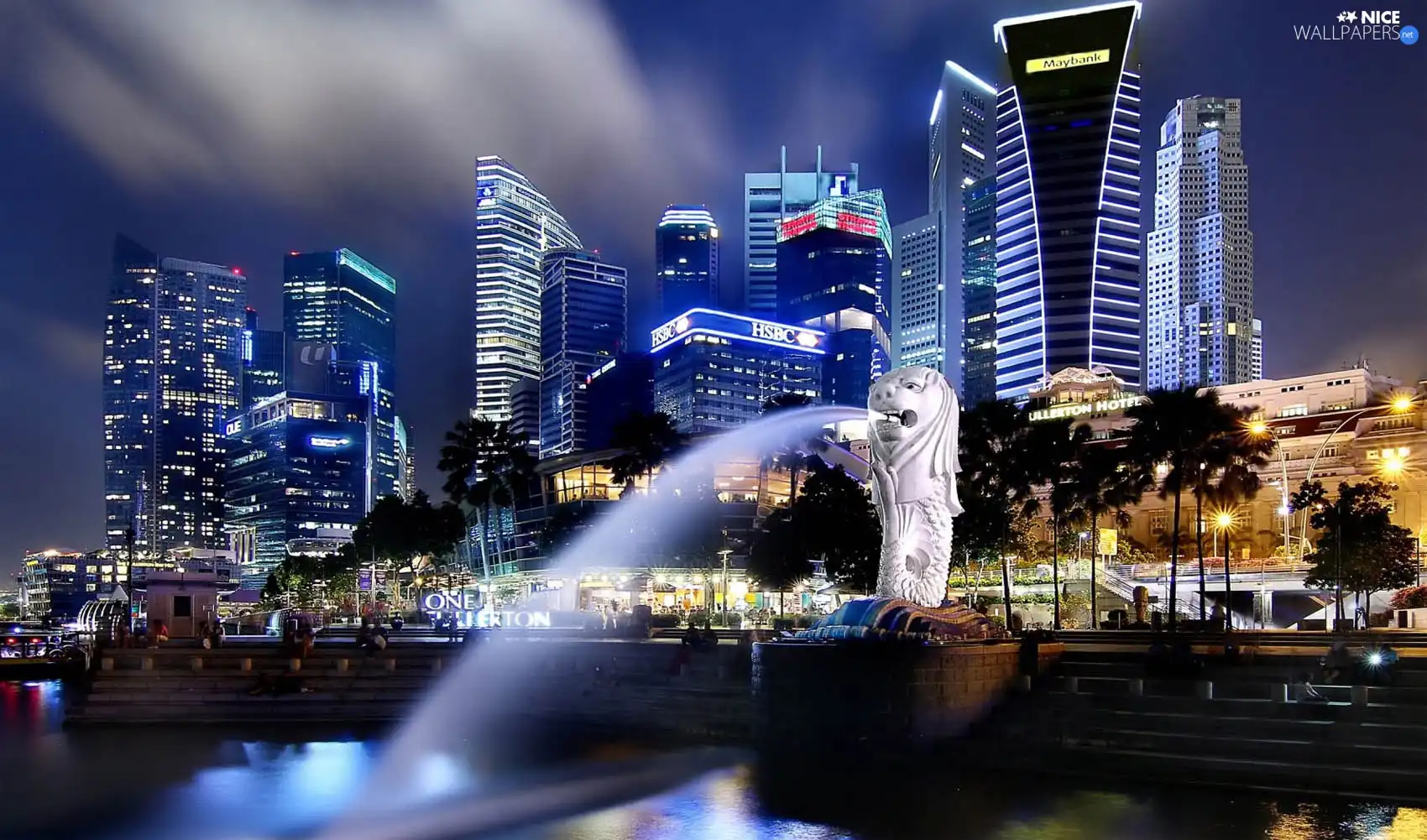 Singapur, skyscrapers, clouds, fountain