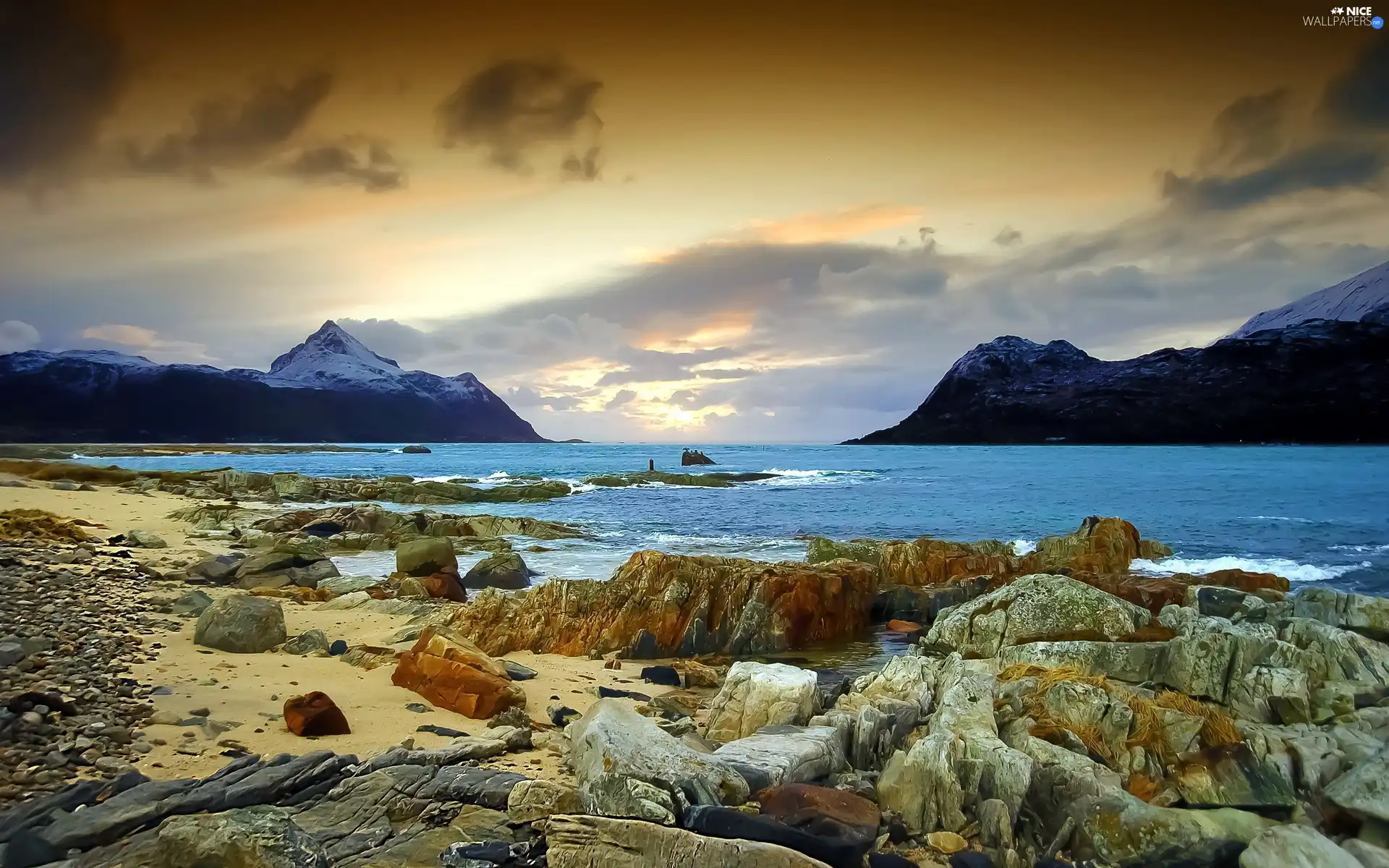 Clouds, Sky, water, Stones, Mountains