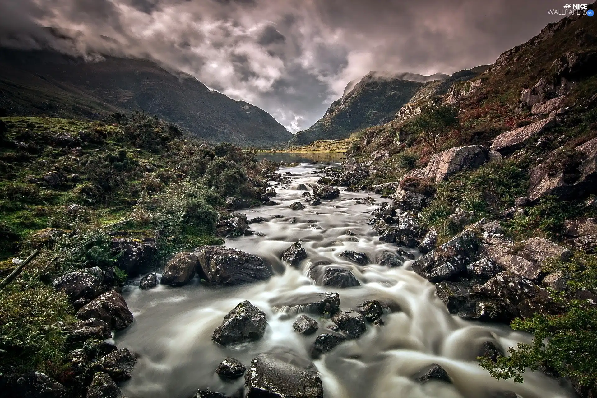 Clouds, Sky, Mountains, Stones, River