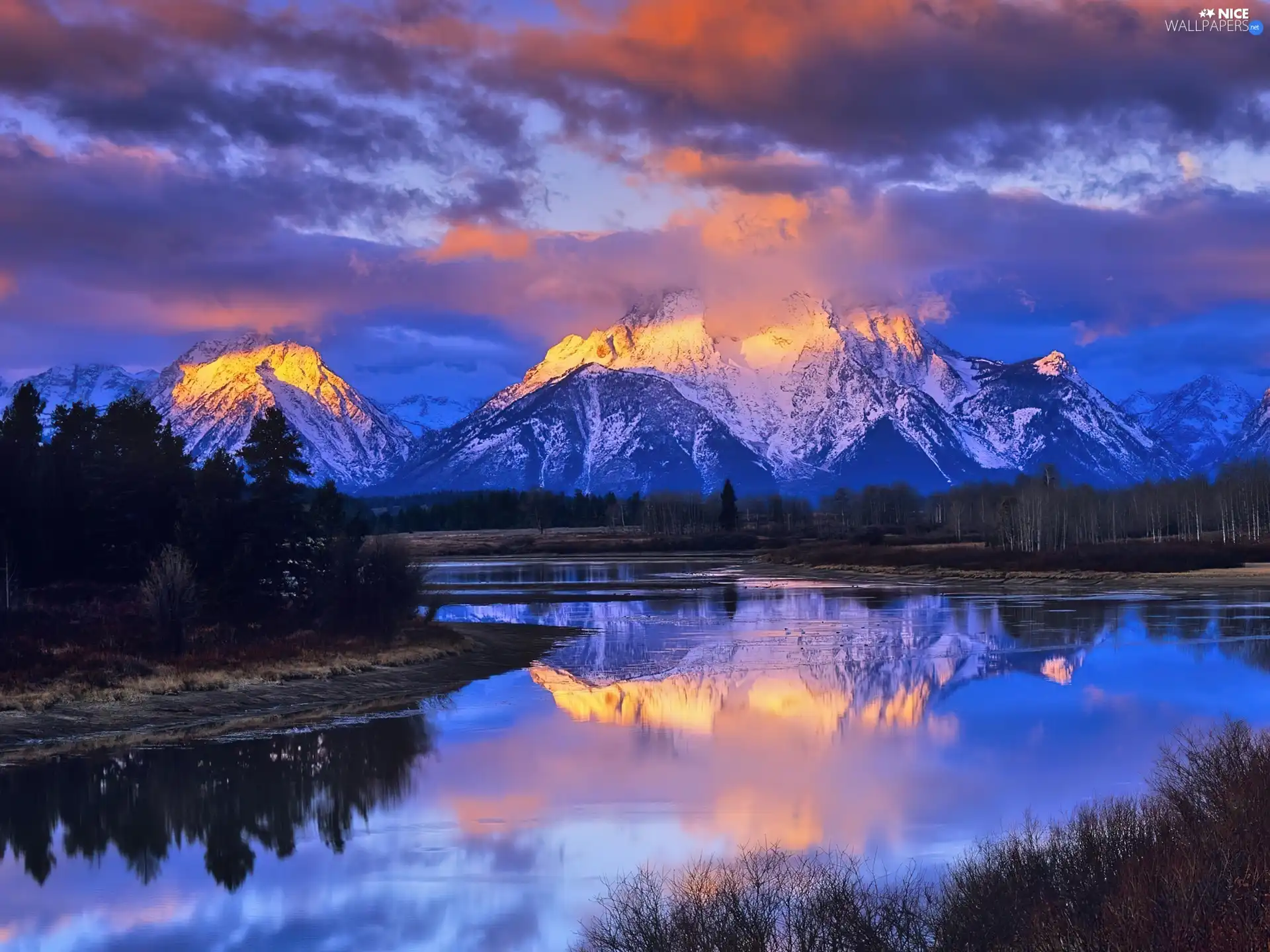 trees, Mountains, Clouds, Sky, viewes, River