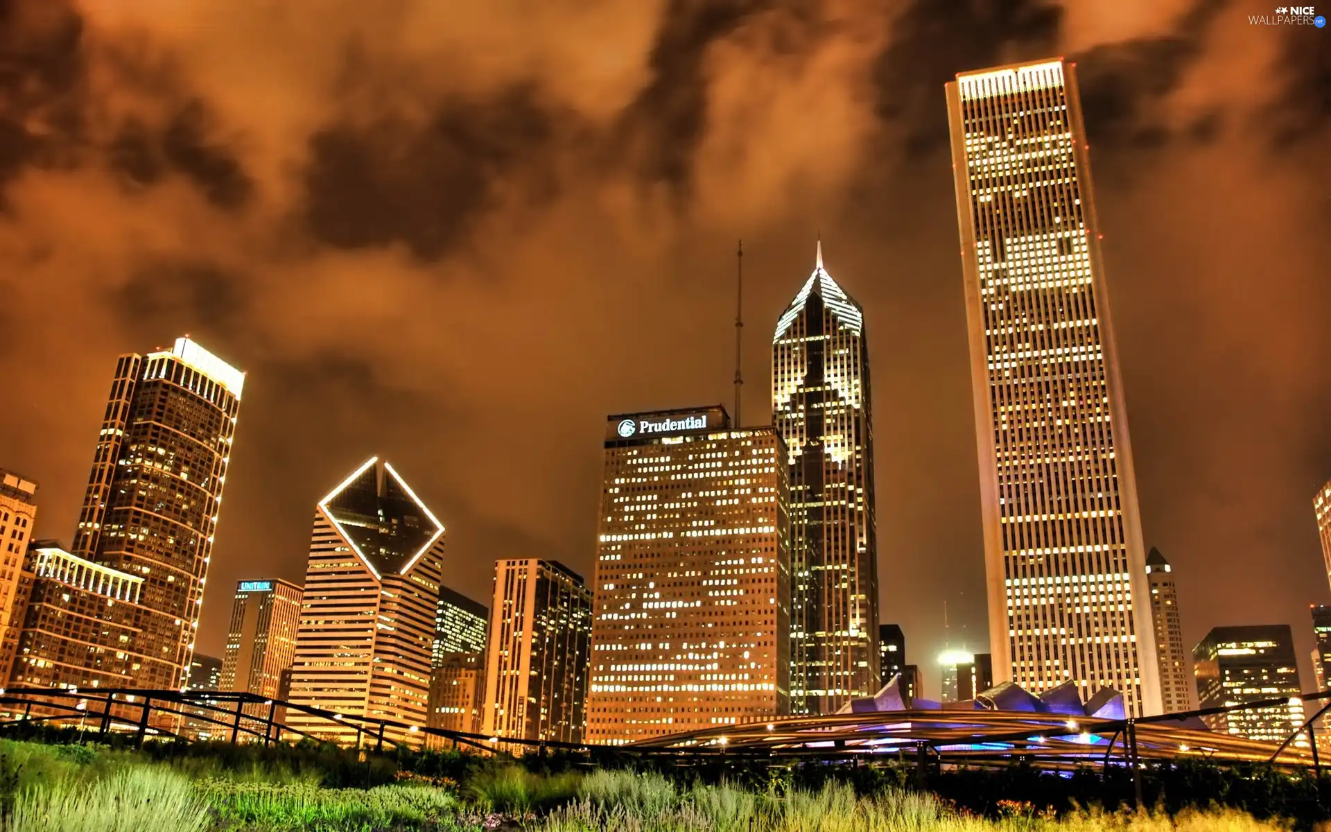 clouds, illuminated, skyscrapers