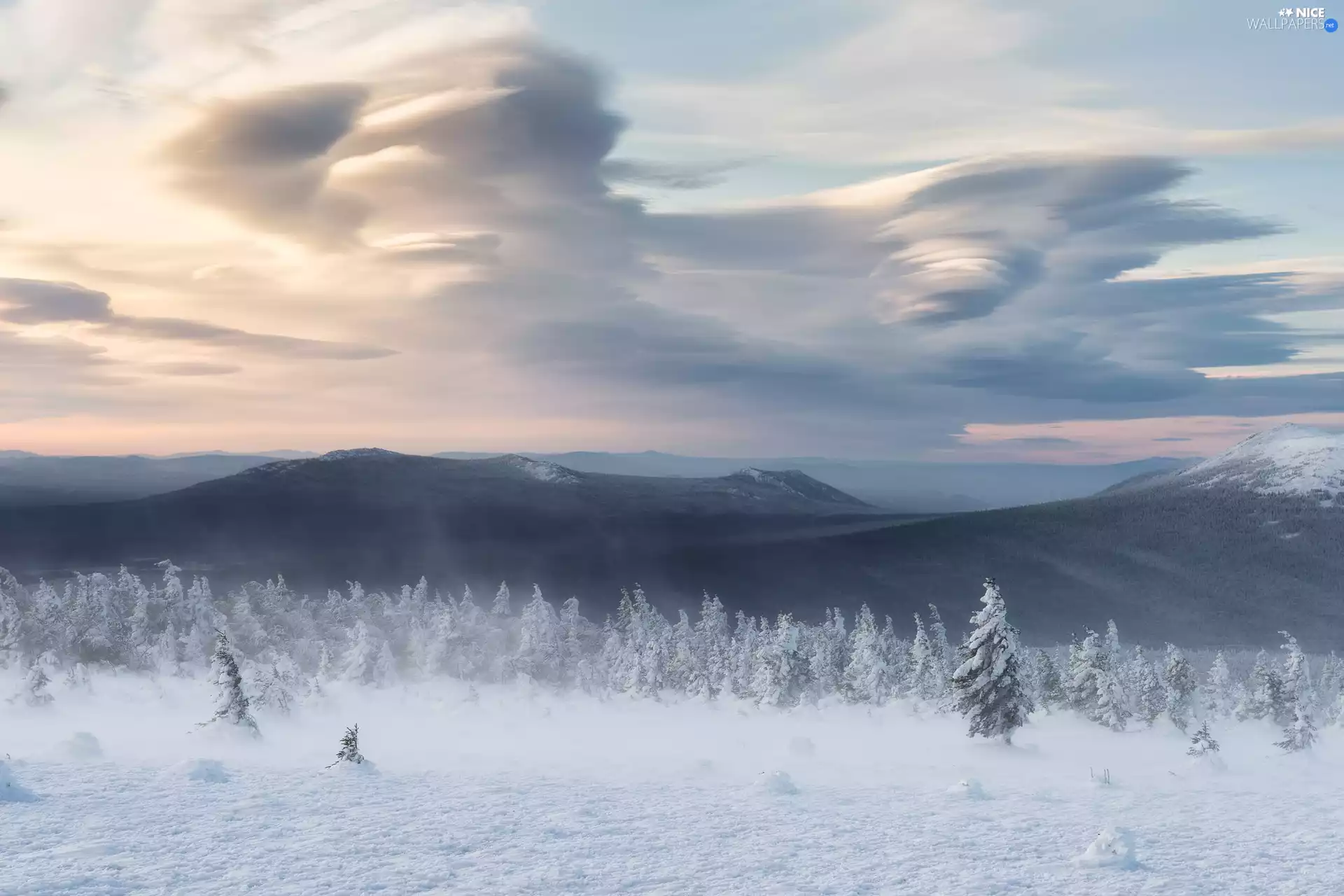 trees, winter, Mountains, clouds, viewes, snow