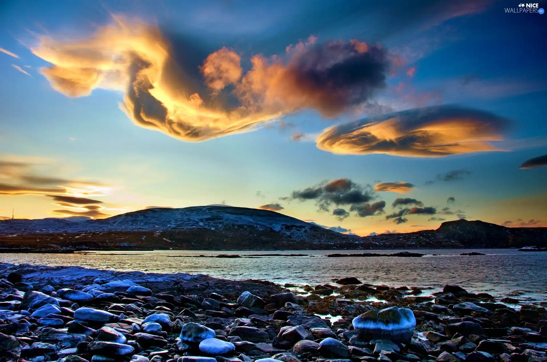 clouds, lake, Stones