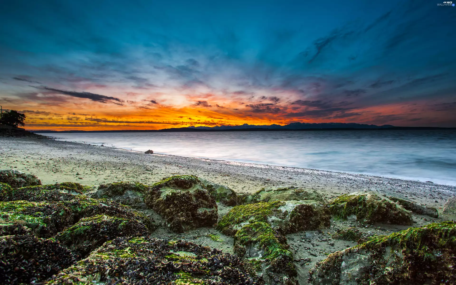 clouds, sea, Stones