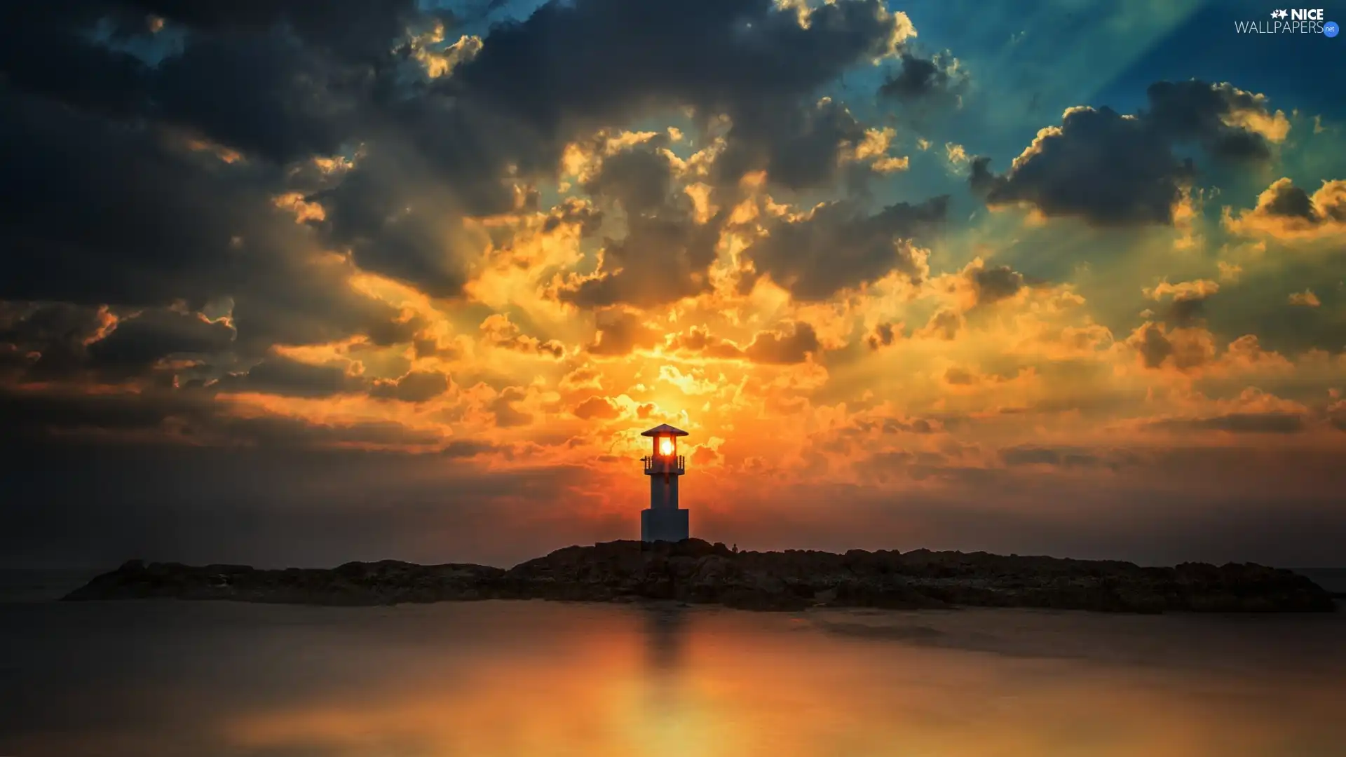 sea, maritime, rays, Island, Lighthouse, clouds, sun