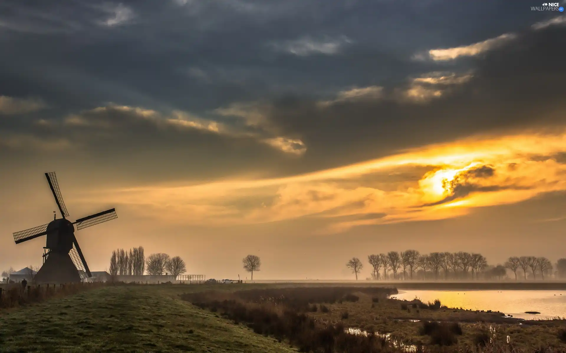 River, Windmill, clouds, Przebijające, luminosity, Fog, sun, flash, ligh