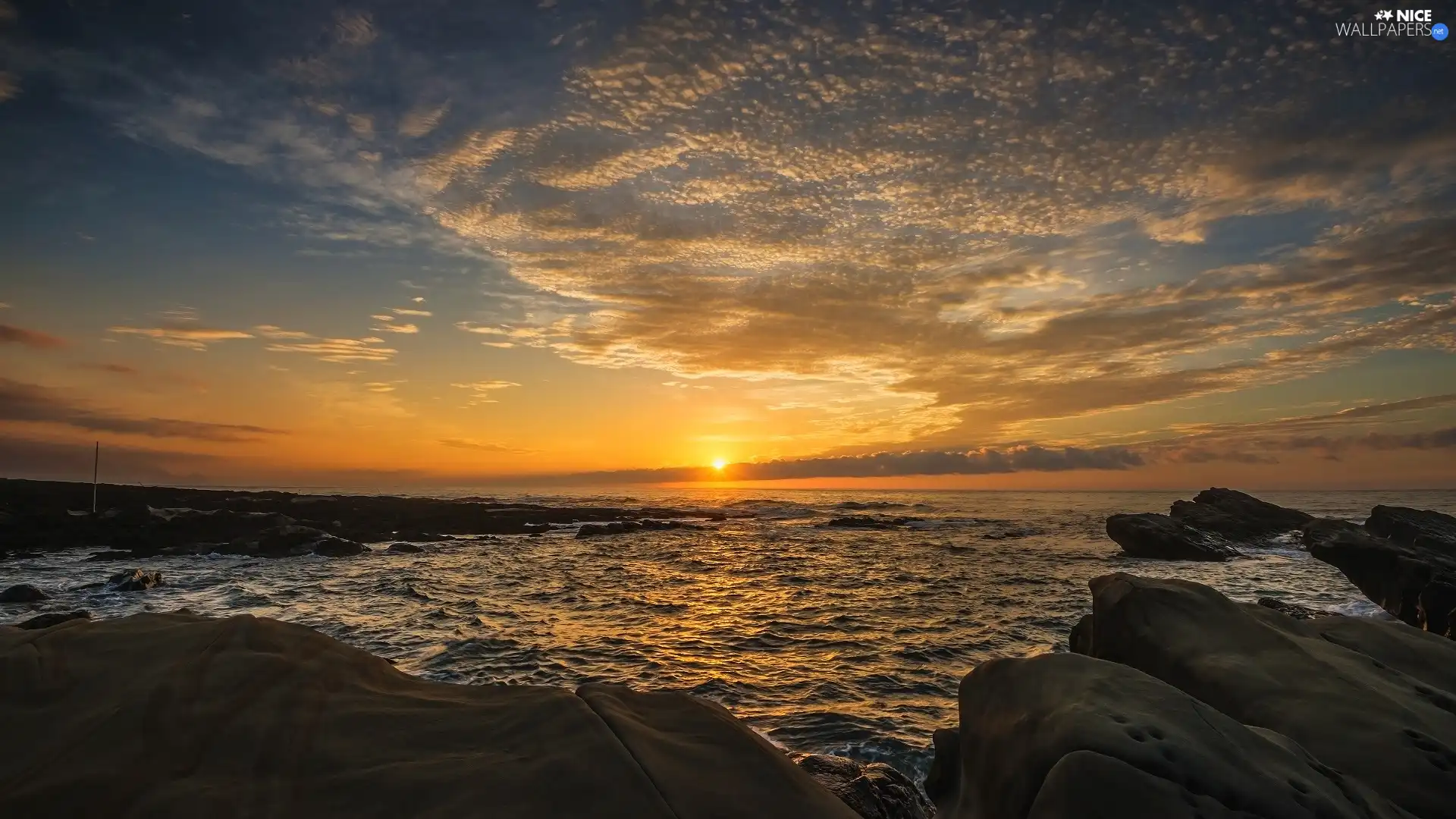 sea, Great Sunsets, clouds, Sky, rocks, Coast