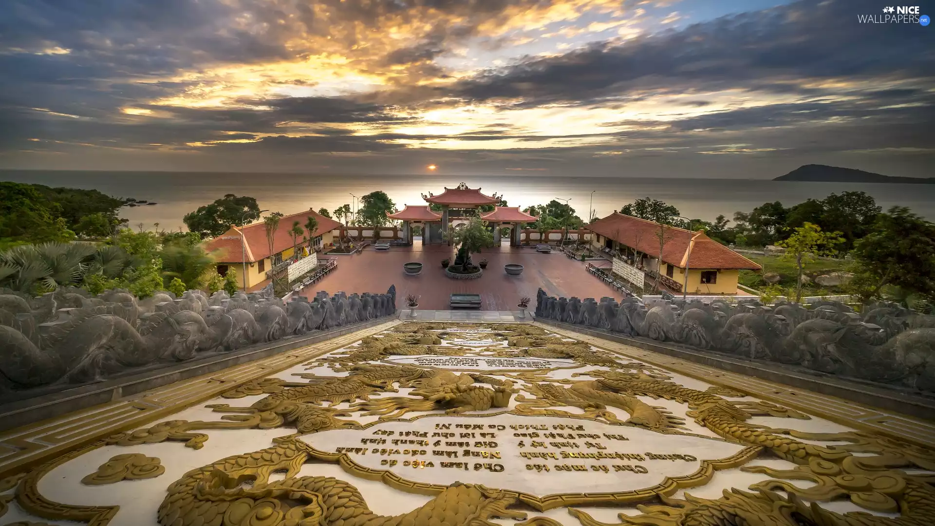Sunrise, clouds, temple, VEGETATION, Wietnam