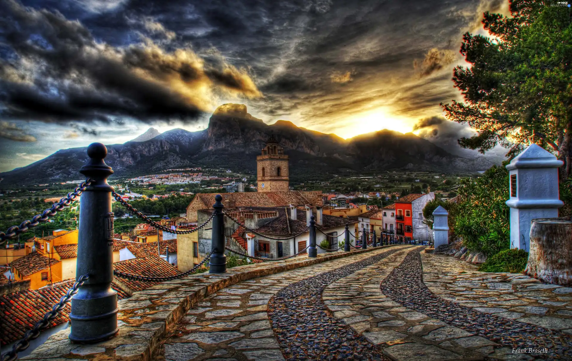 Town, Mountains, clouds, Way