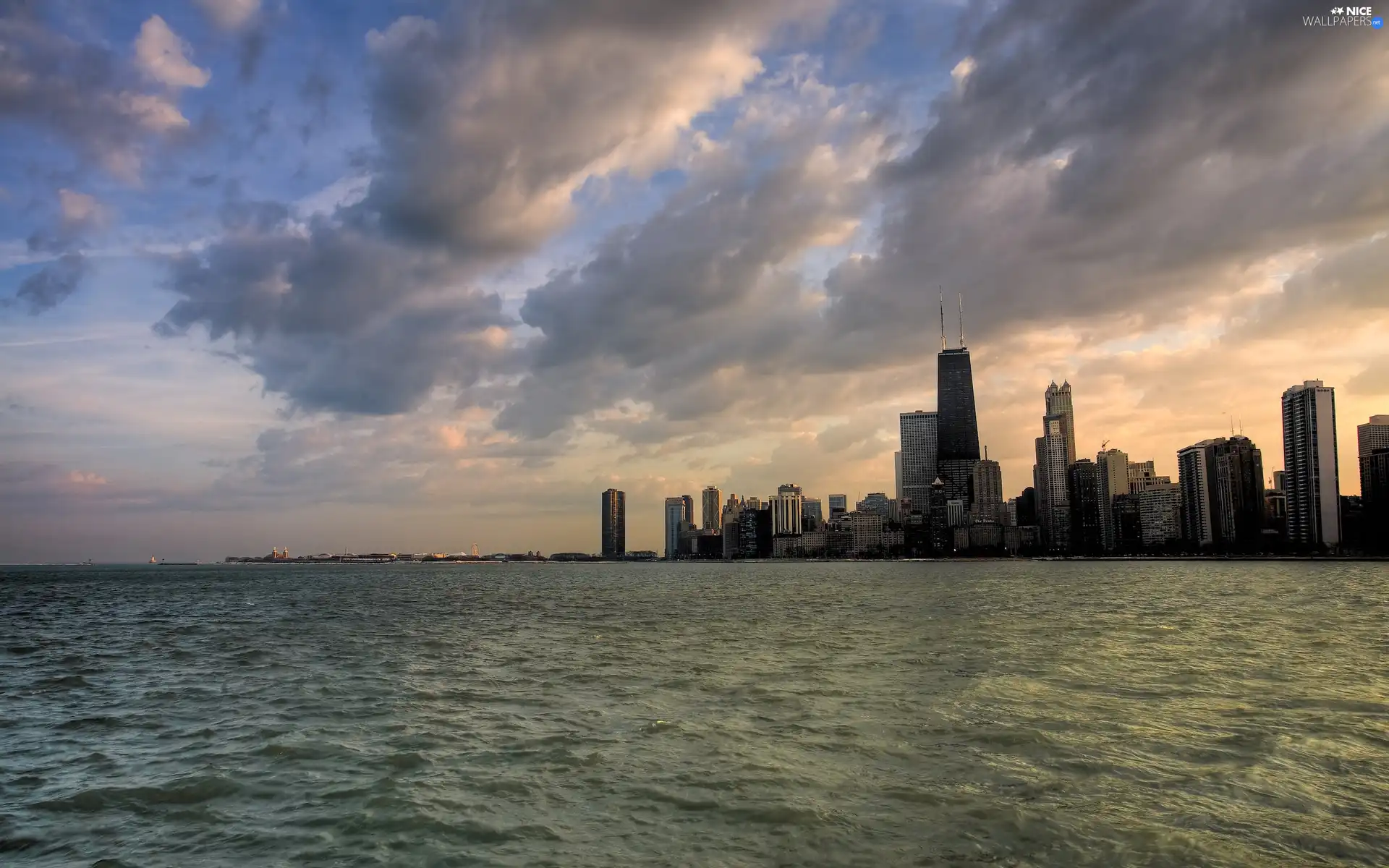 clouds, sea, Town