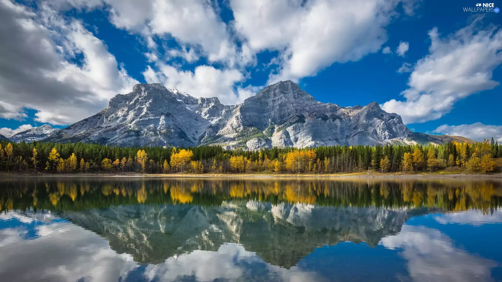 viewes, Mountains, reflection, clouds, lake, trees